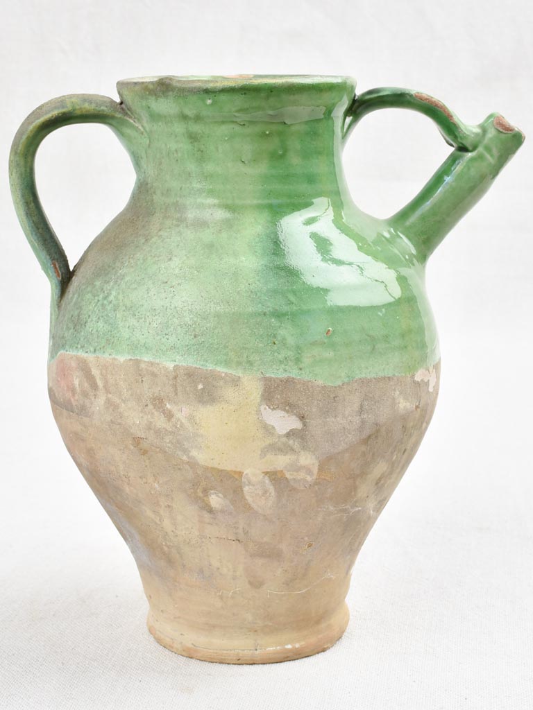 Vintage terracotta pitcher with green glaze 9"