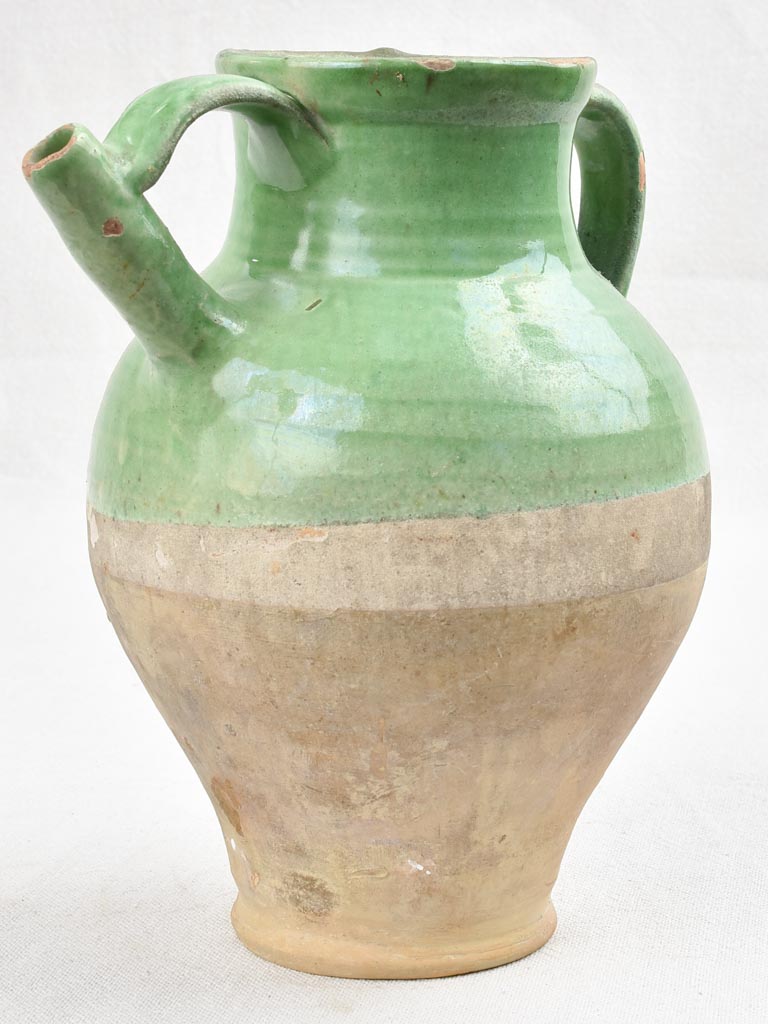 Vintage terracotta pitcher with green glaze 9"