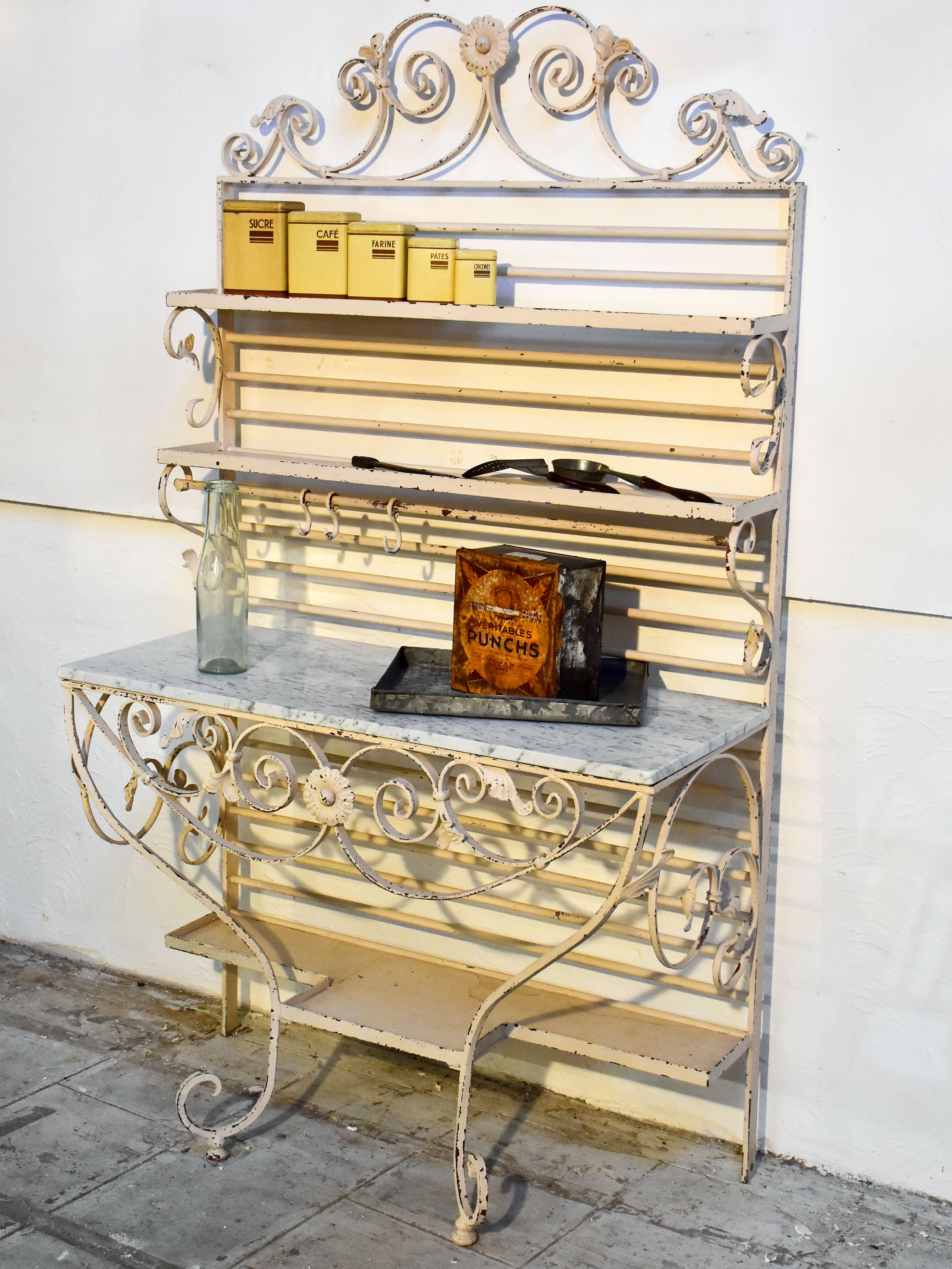 Vintage French butcher’s display table with shelving