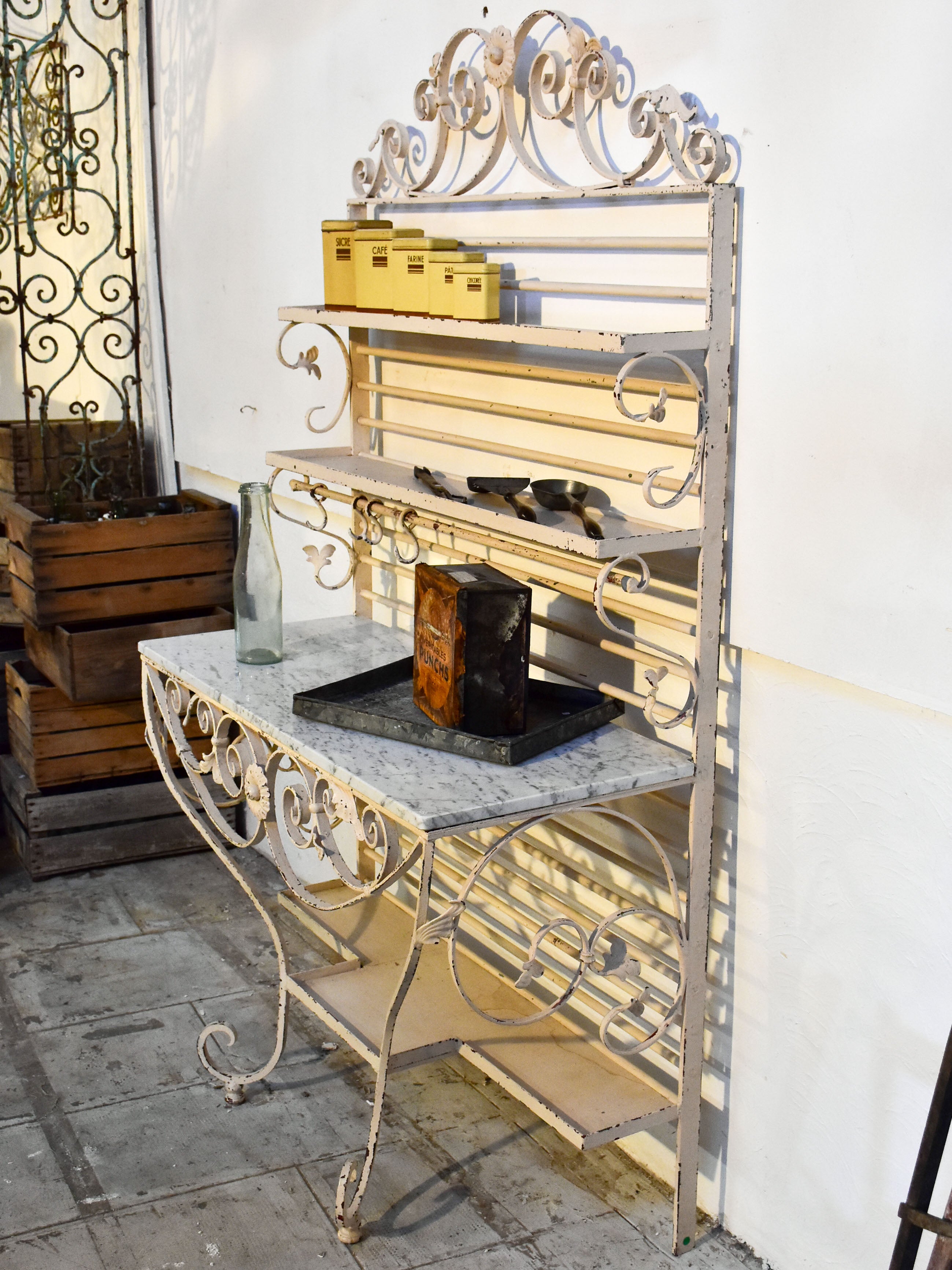 Vintage French butcher’s display table with shelving