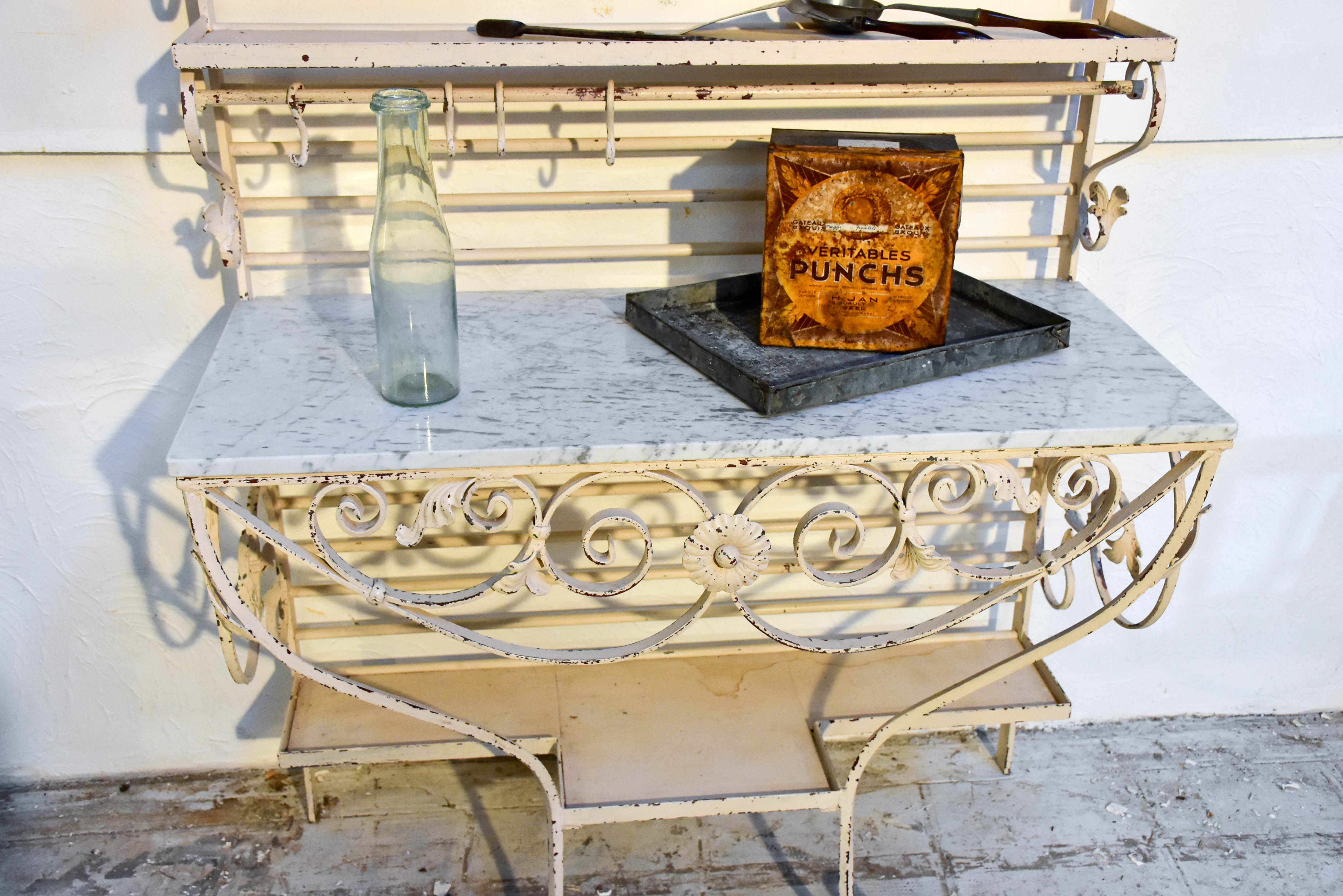 Vintage French butcher’s display table with shelving