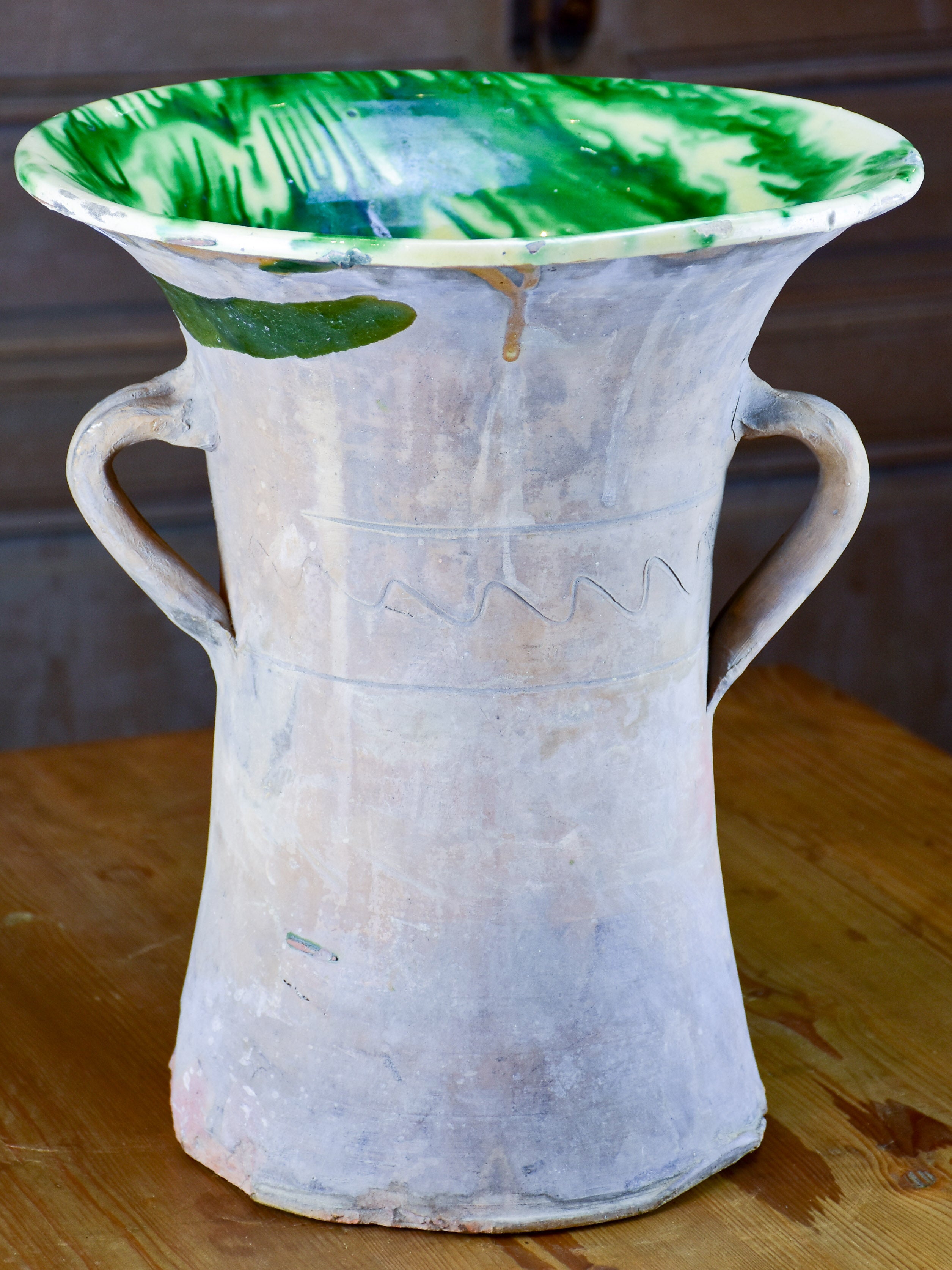 Very large confit pot with yellow & green glaze