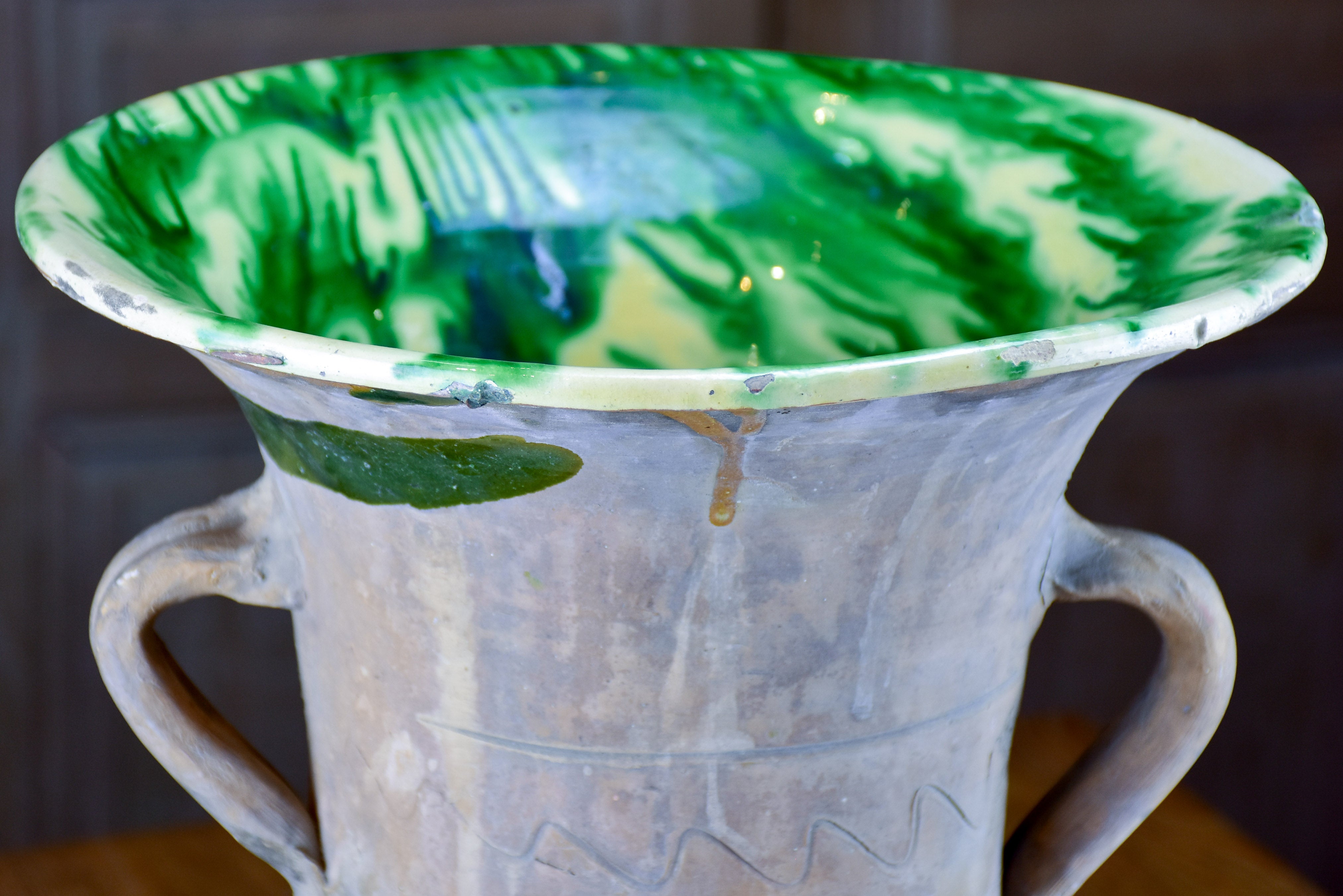 Very large confit pot with yellow & green glaze