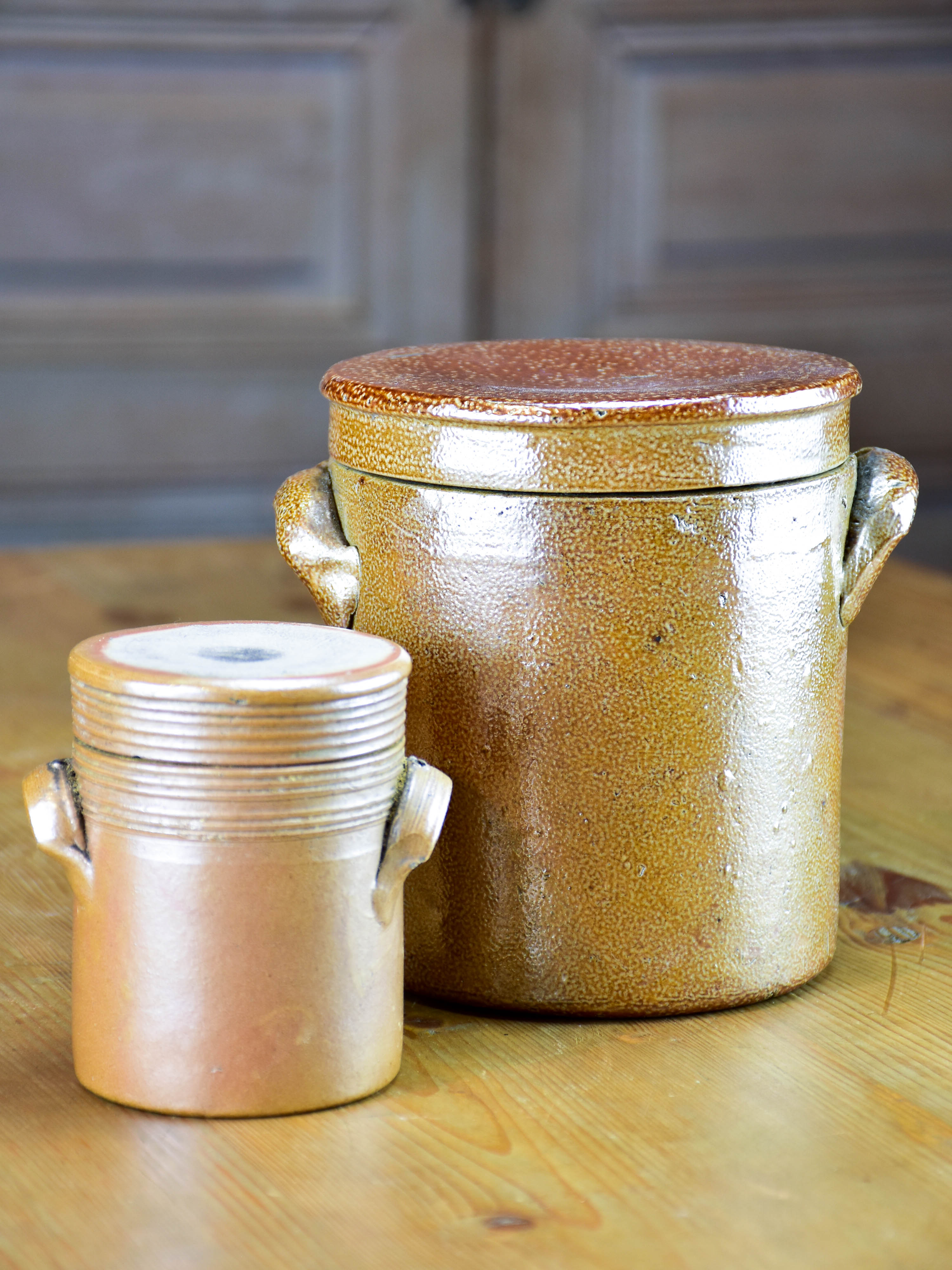 Two stoneware preserving jars with lids - 1950's