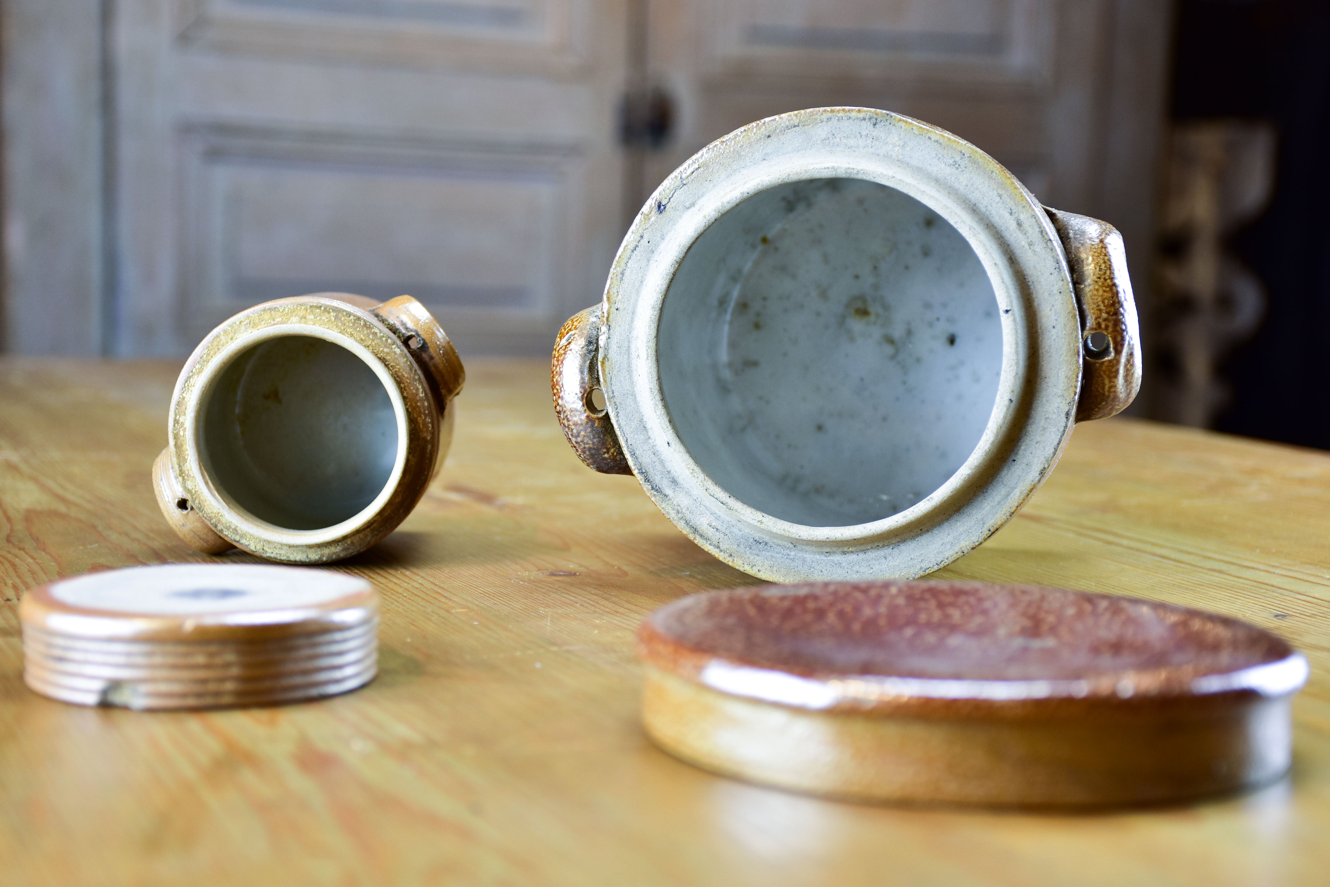 Two stoneware preserving jars with lids - 1950's