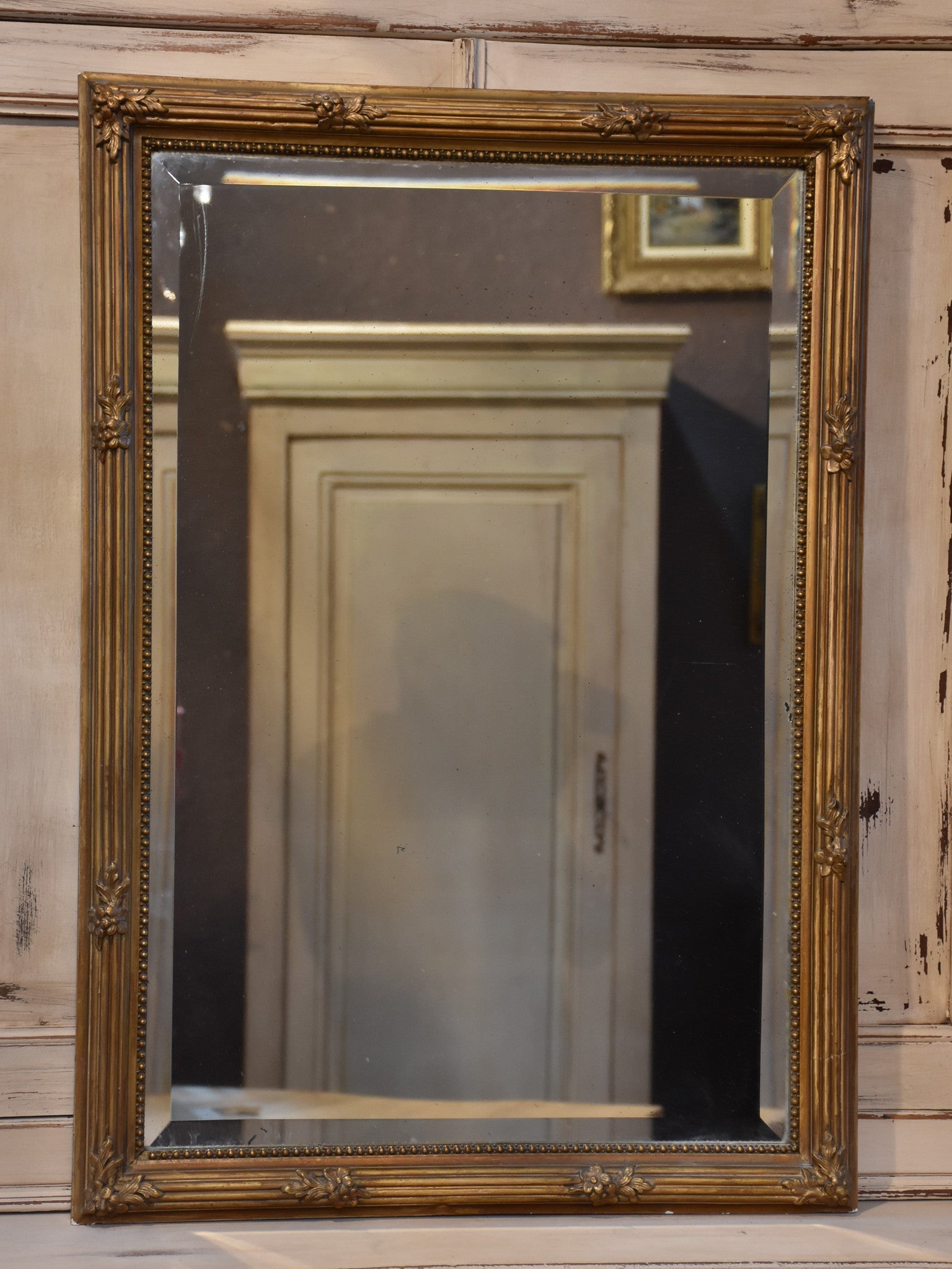 Antique French mirror – rectangular with gilded flower frame