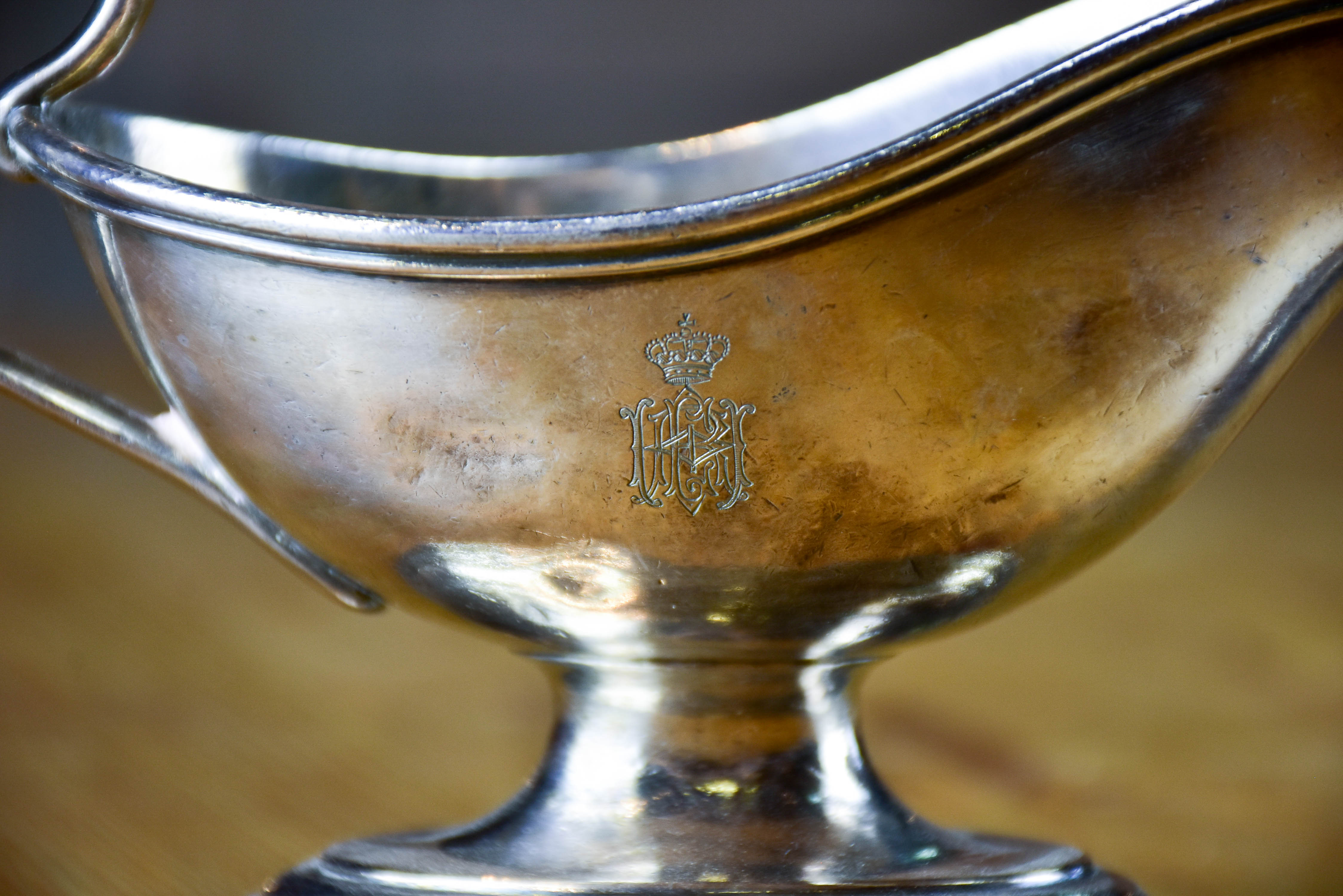 Two antique French sauce boats with monogram