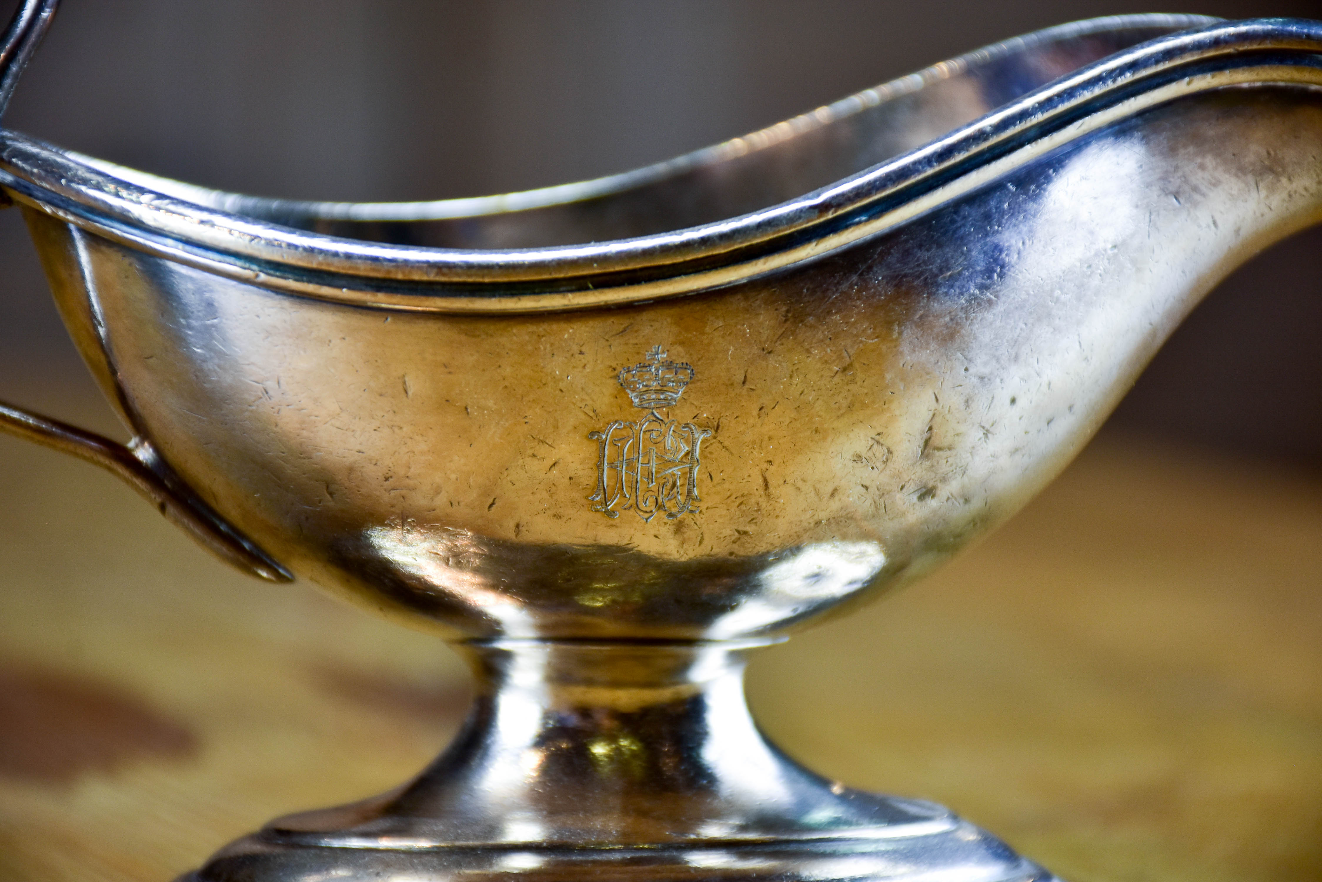 Two antique French sauce boats with monogram