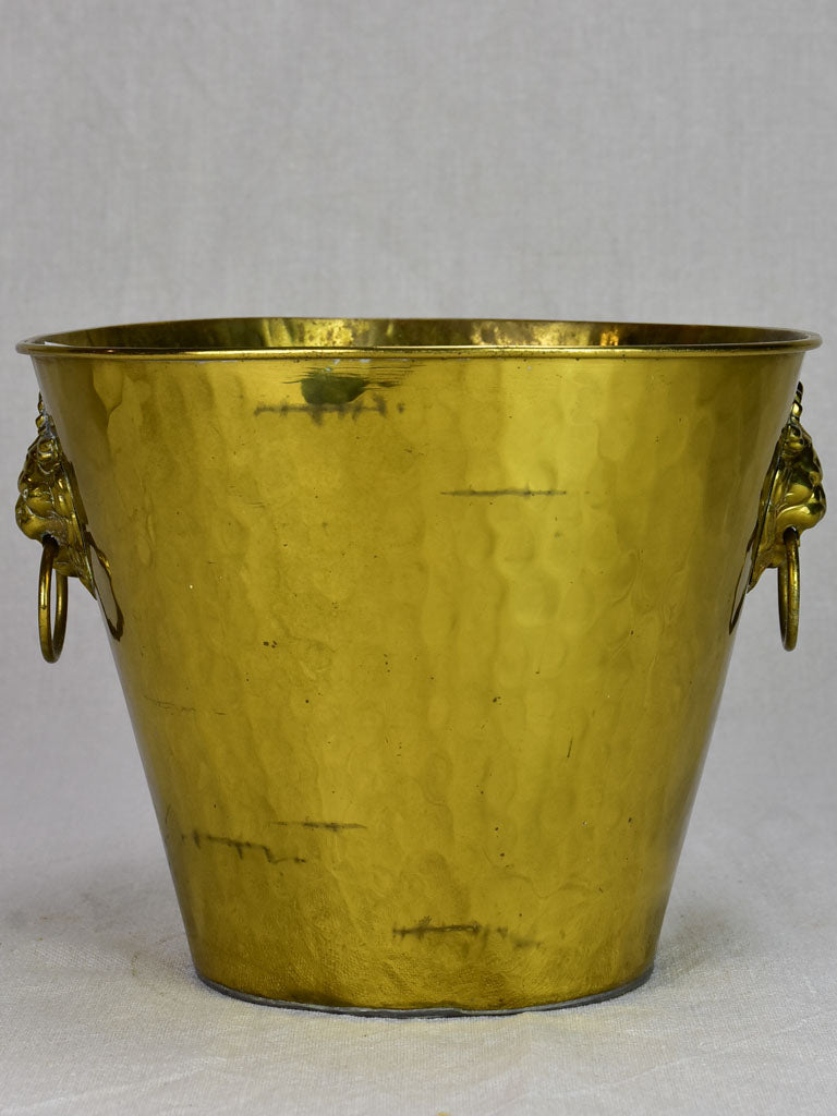 Vintage ice bucket with lions head handles and hammered brass 9¾"