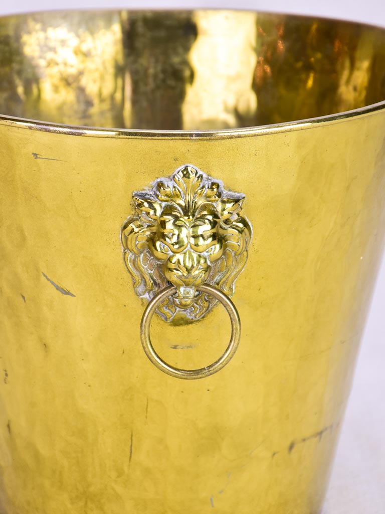 Vintage ice bucket with lions head handles and hammered brass 9¾"