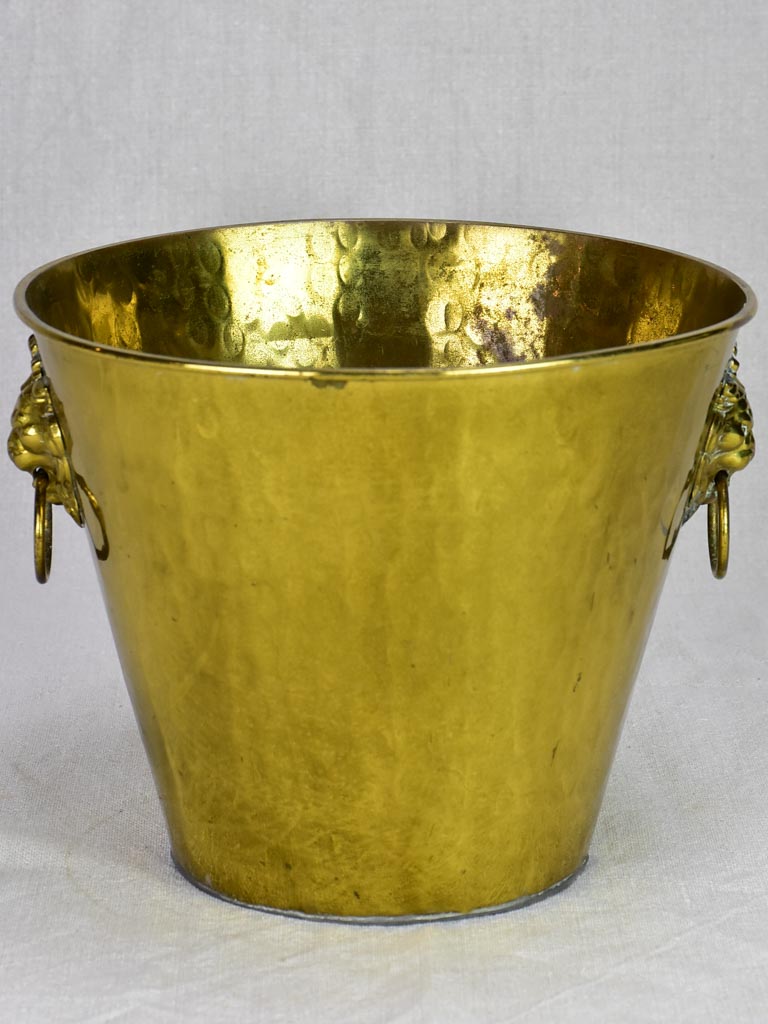 Vintage ice bucket with lions head handles and hammered brass 9¾"