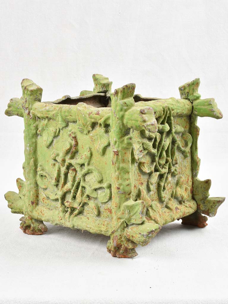 Antique cast iron planter - square with green patina 11½"