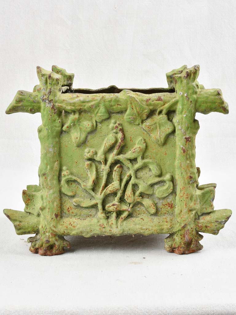 Antique cast iron planter - square with green patina 11½"