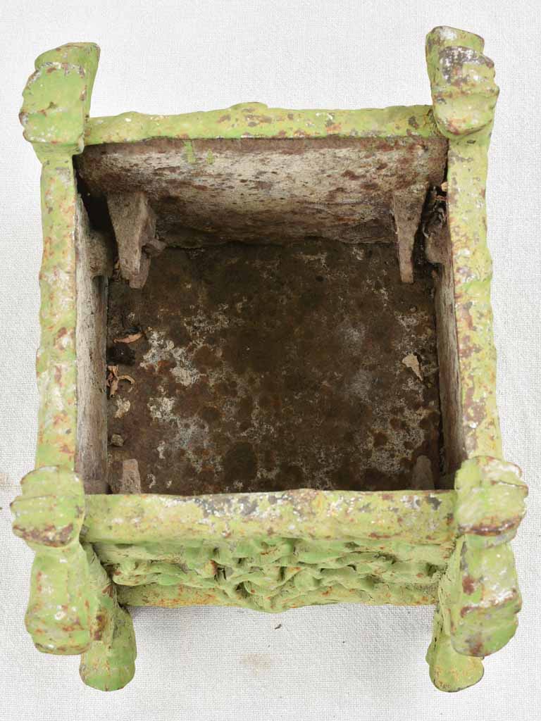 Antique cast iron planter - square with green patina 11½"