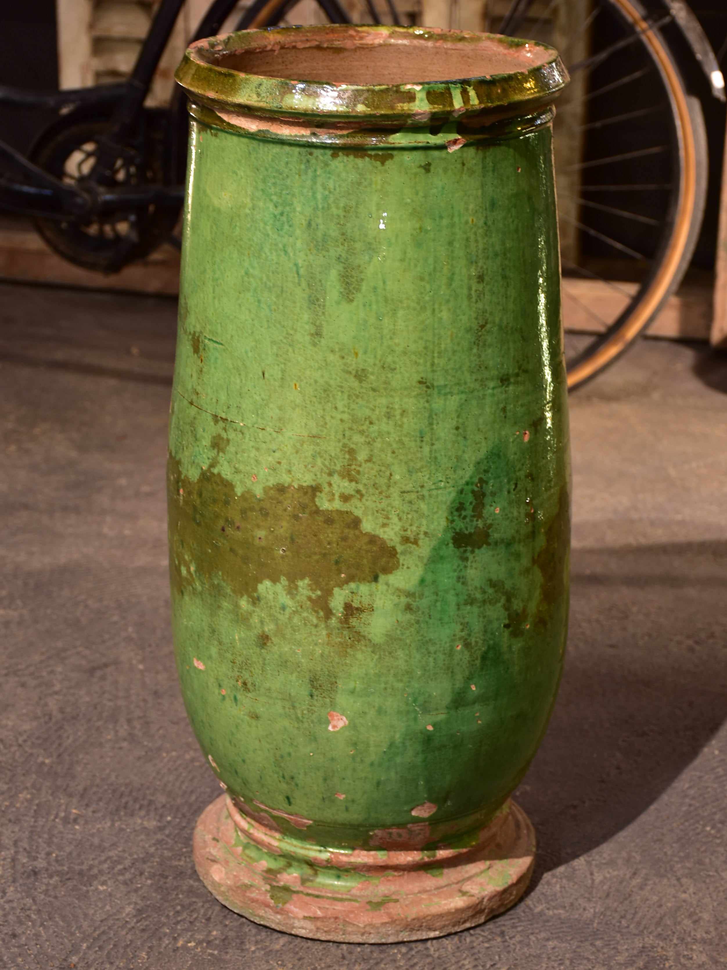 Elegant 19th century olive jar with green glaze