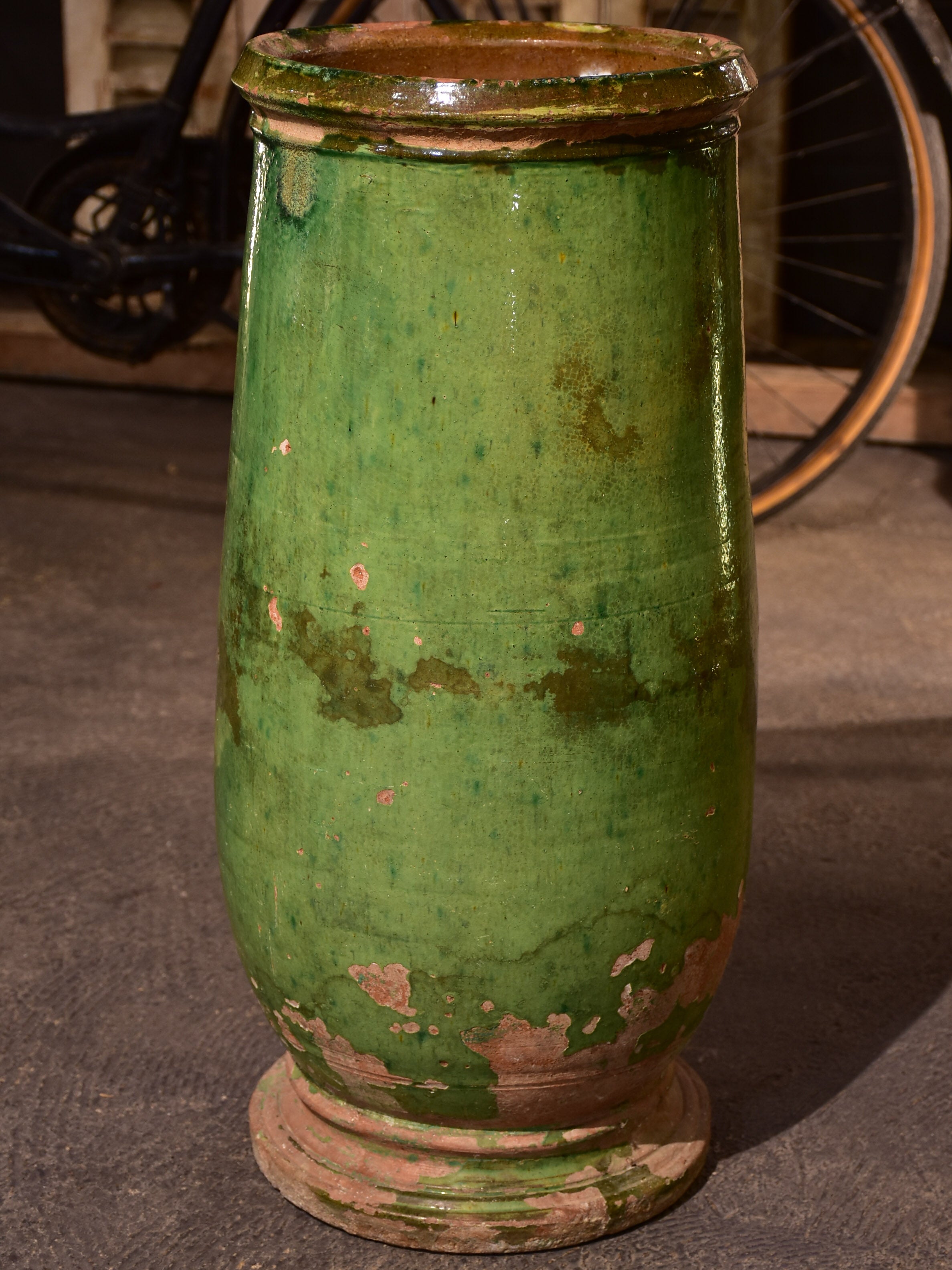 Elegant 19th century olive jar with green glaze