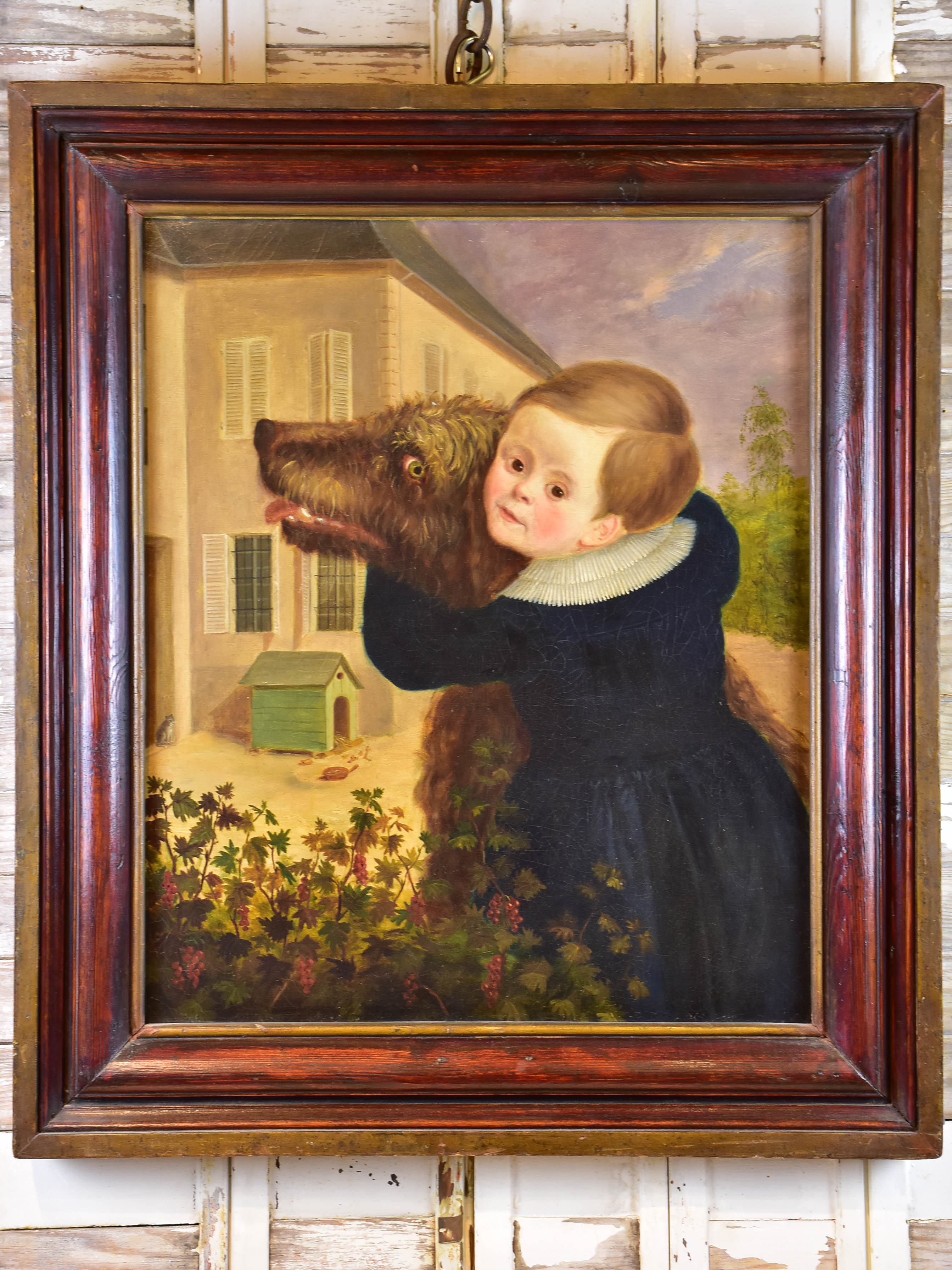 Antique Dutch painting of child and dog