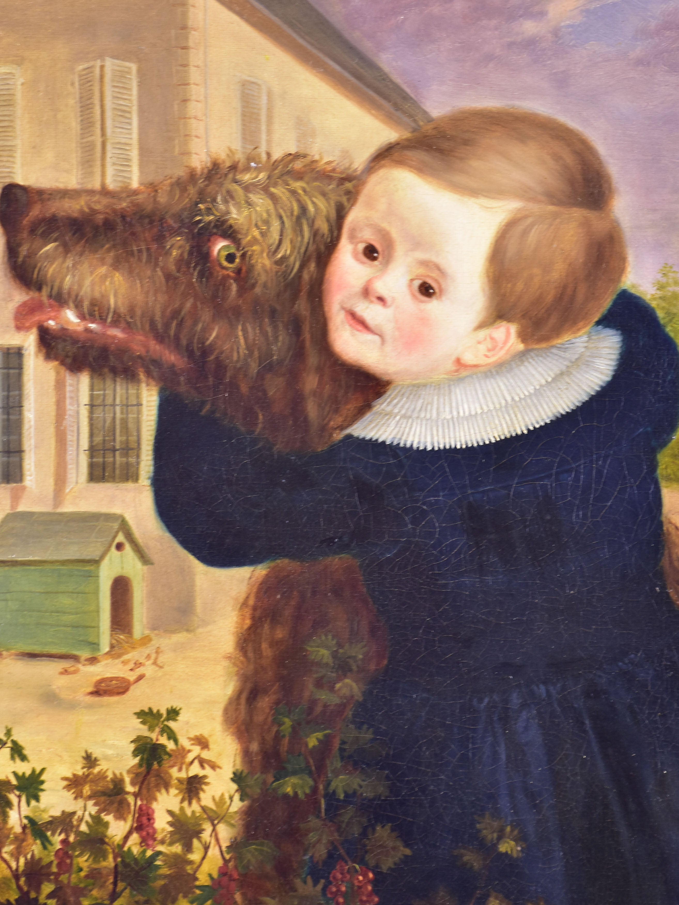 Antique Dutch painting of child and dog