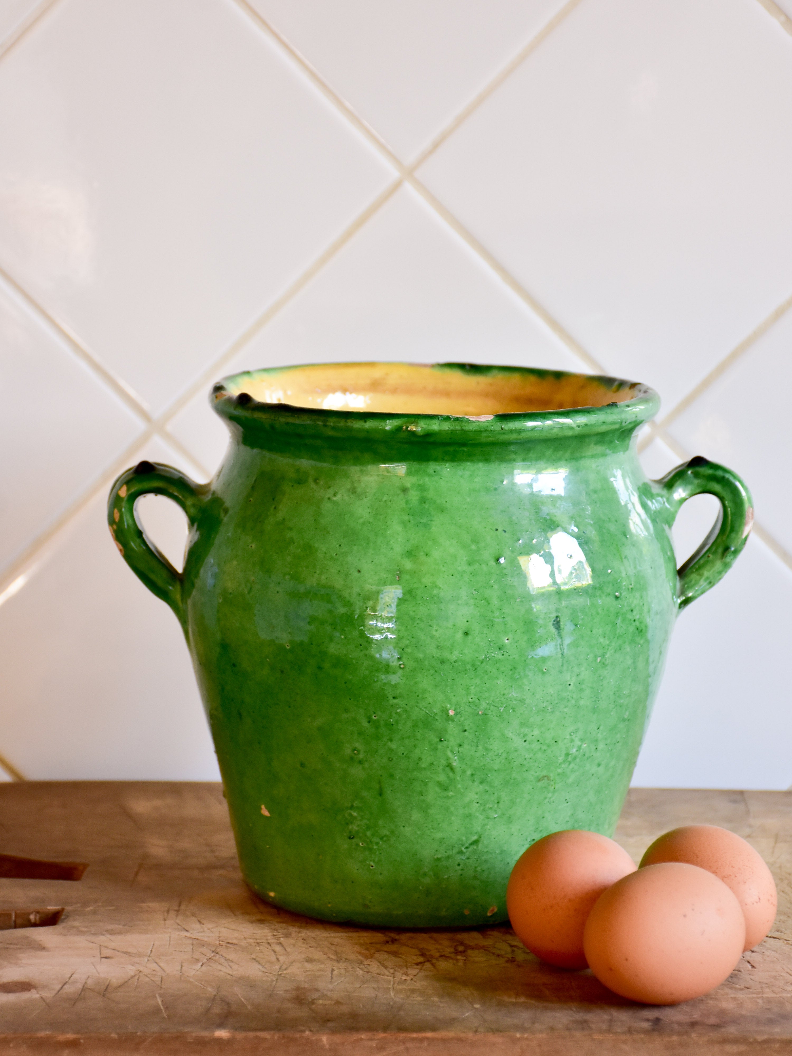 19th century confit pot with green and yellow glaze