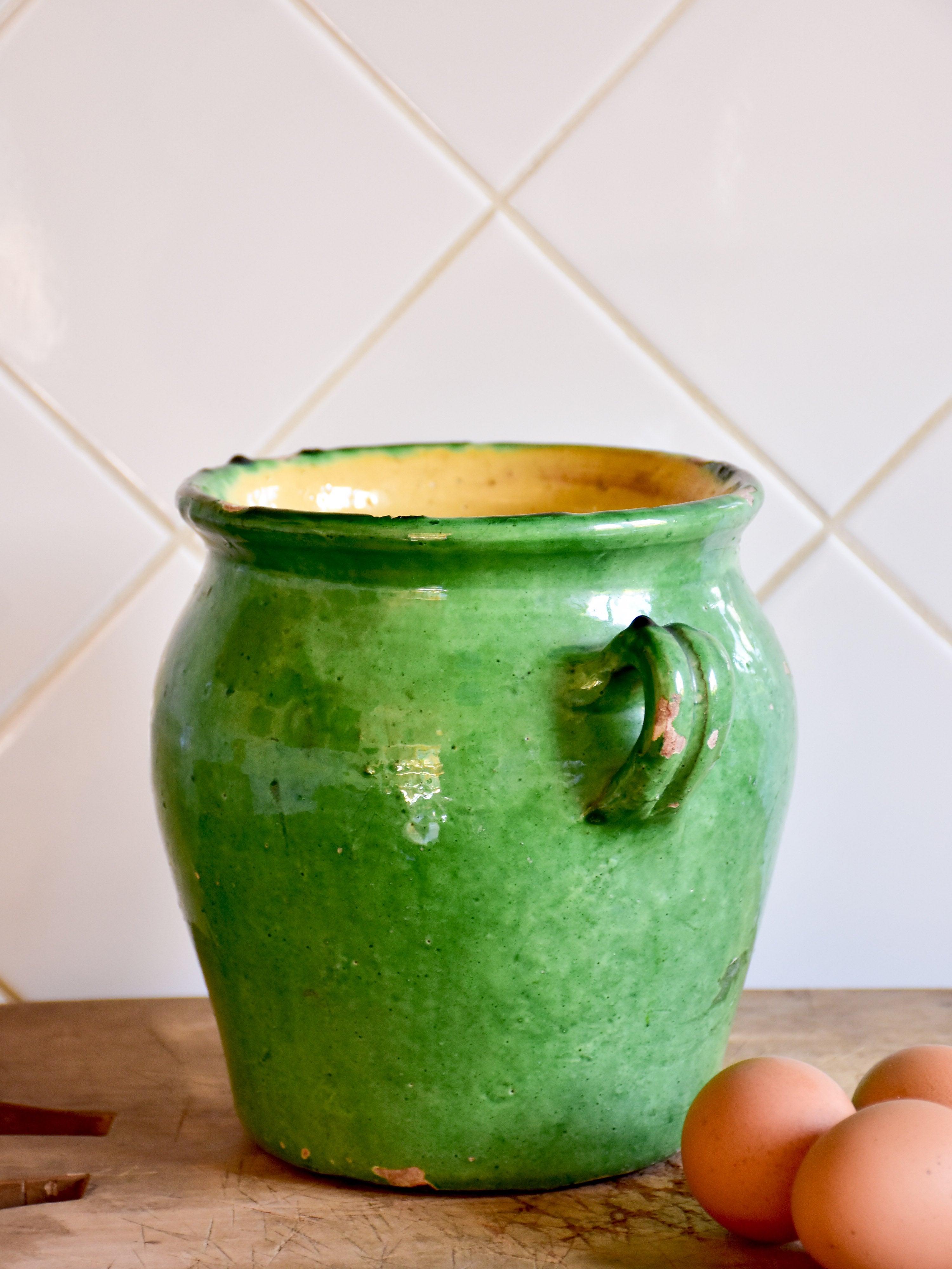 19th century confit pot with green and yellow glaze