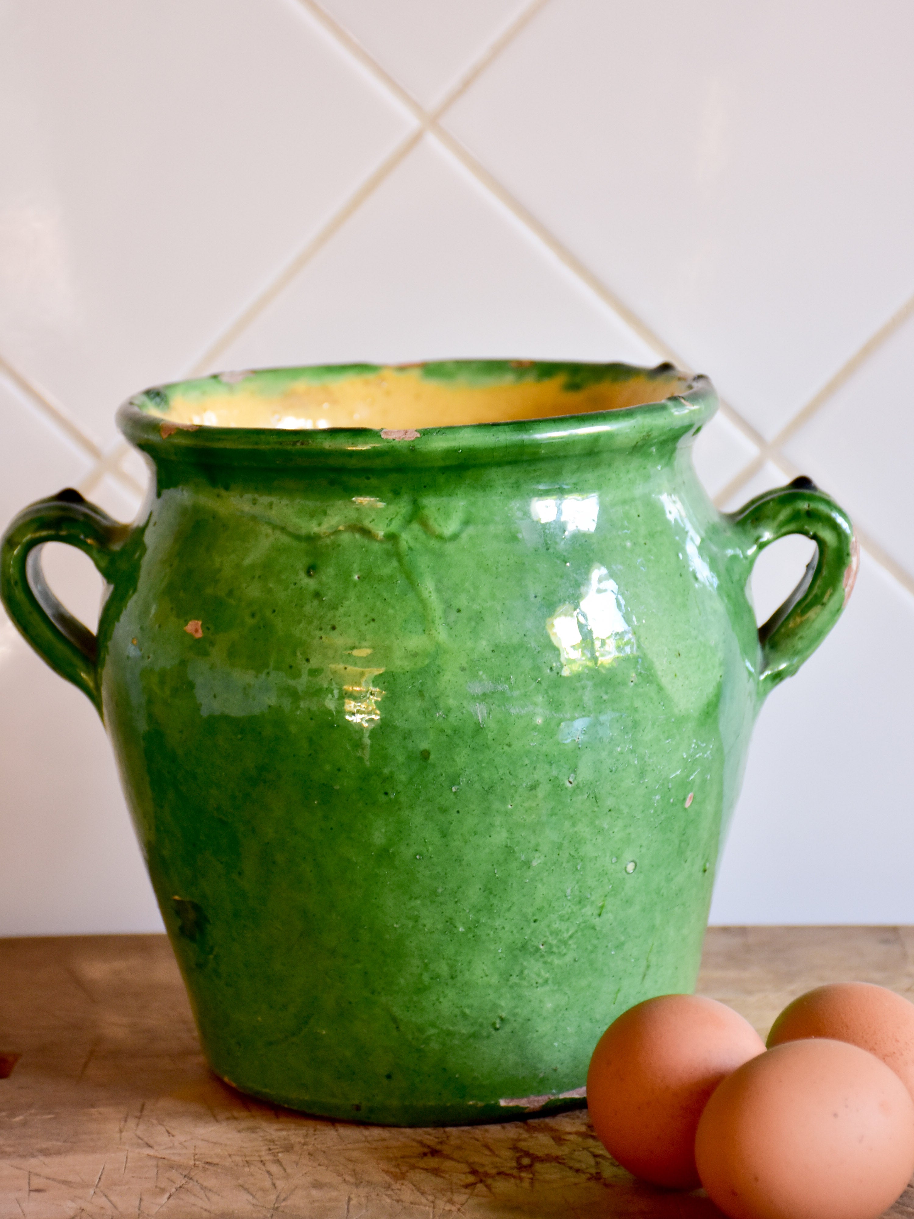 19th century confit pot with green and yellow glaze