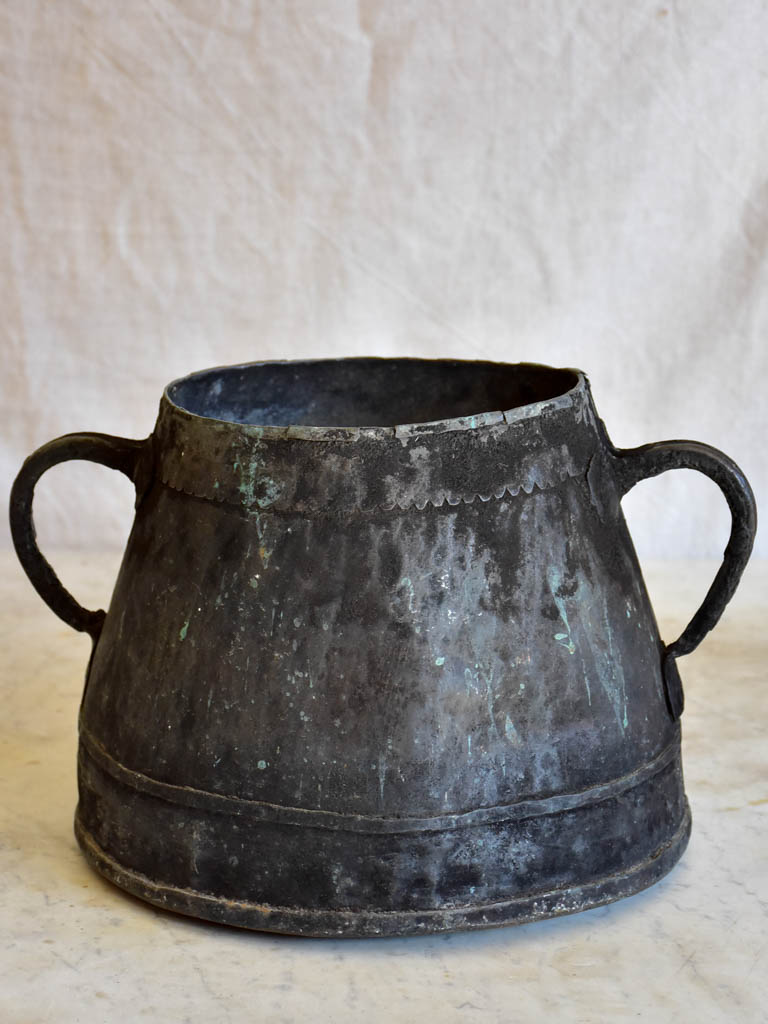 Antique French copper cauldron with two handles and black patina