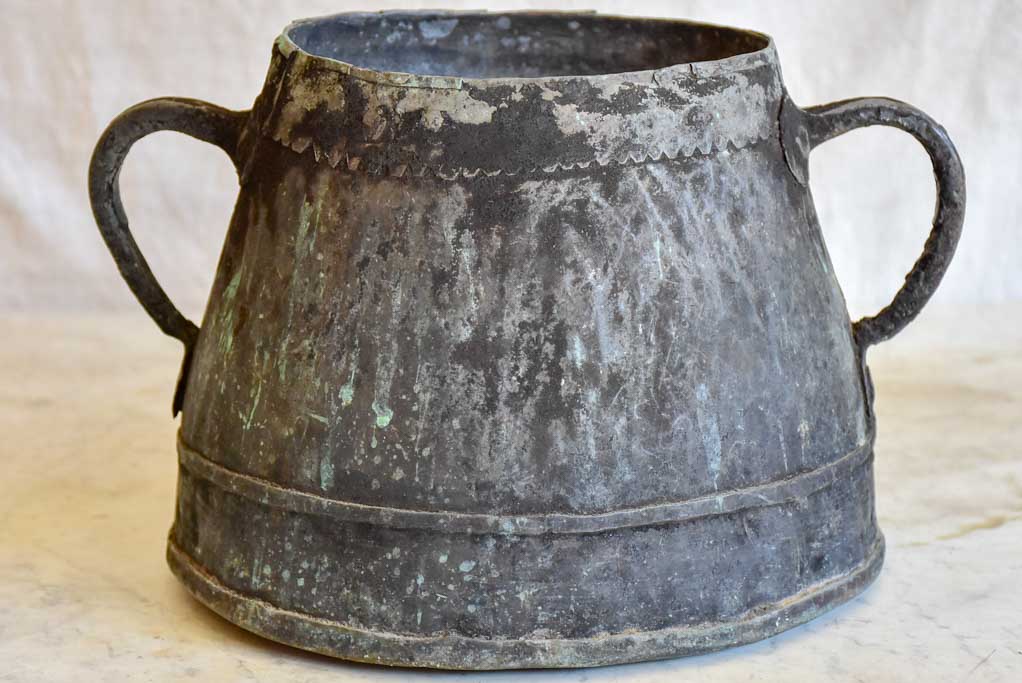 Antique French copper cauldron with two handles and black patina