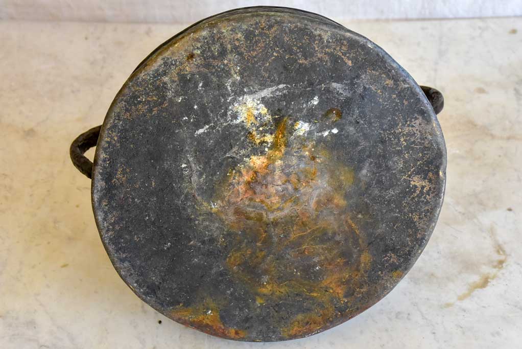 Antique French copper cauldron with two handles and black patina