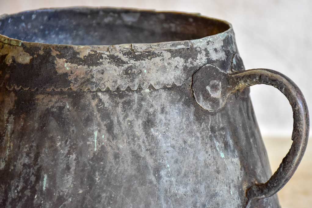 Antique French copper cauldron with two handles and black patina