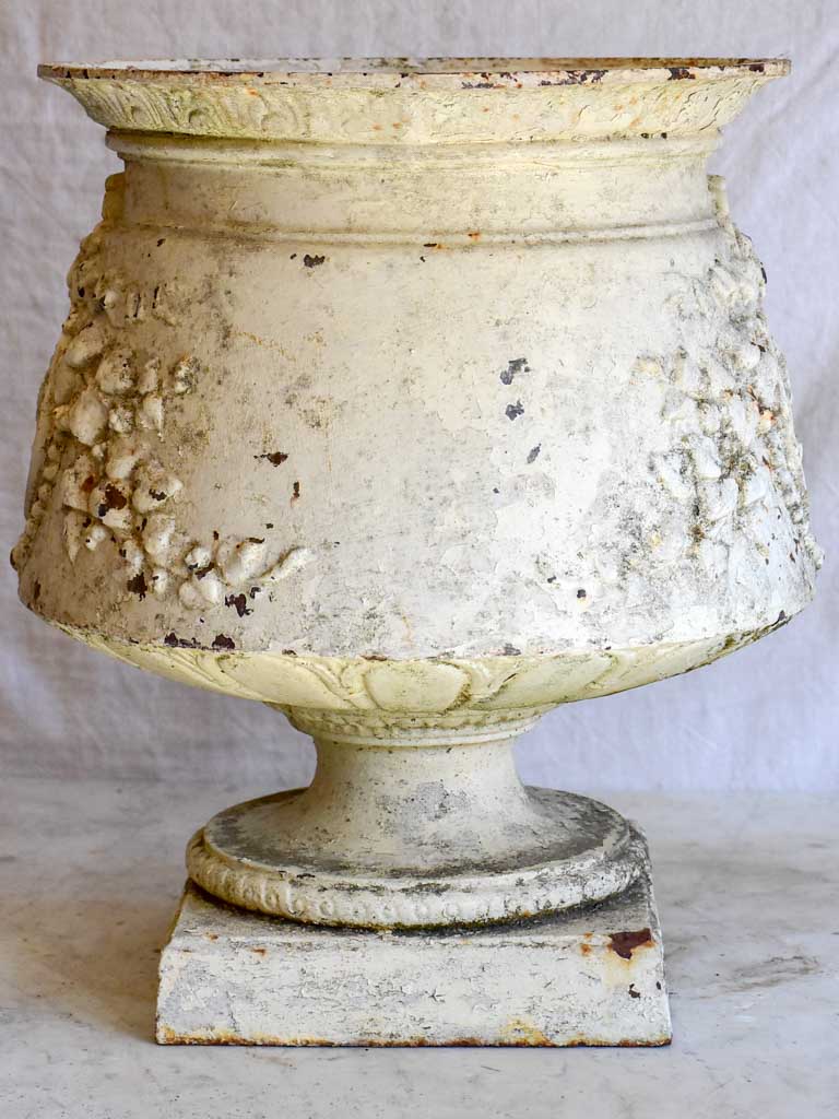 19th Century French cast iron urn with medallion and garlands - white 17¾"