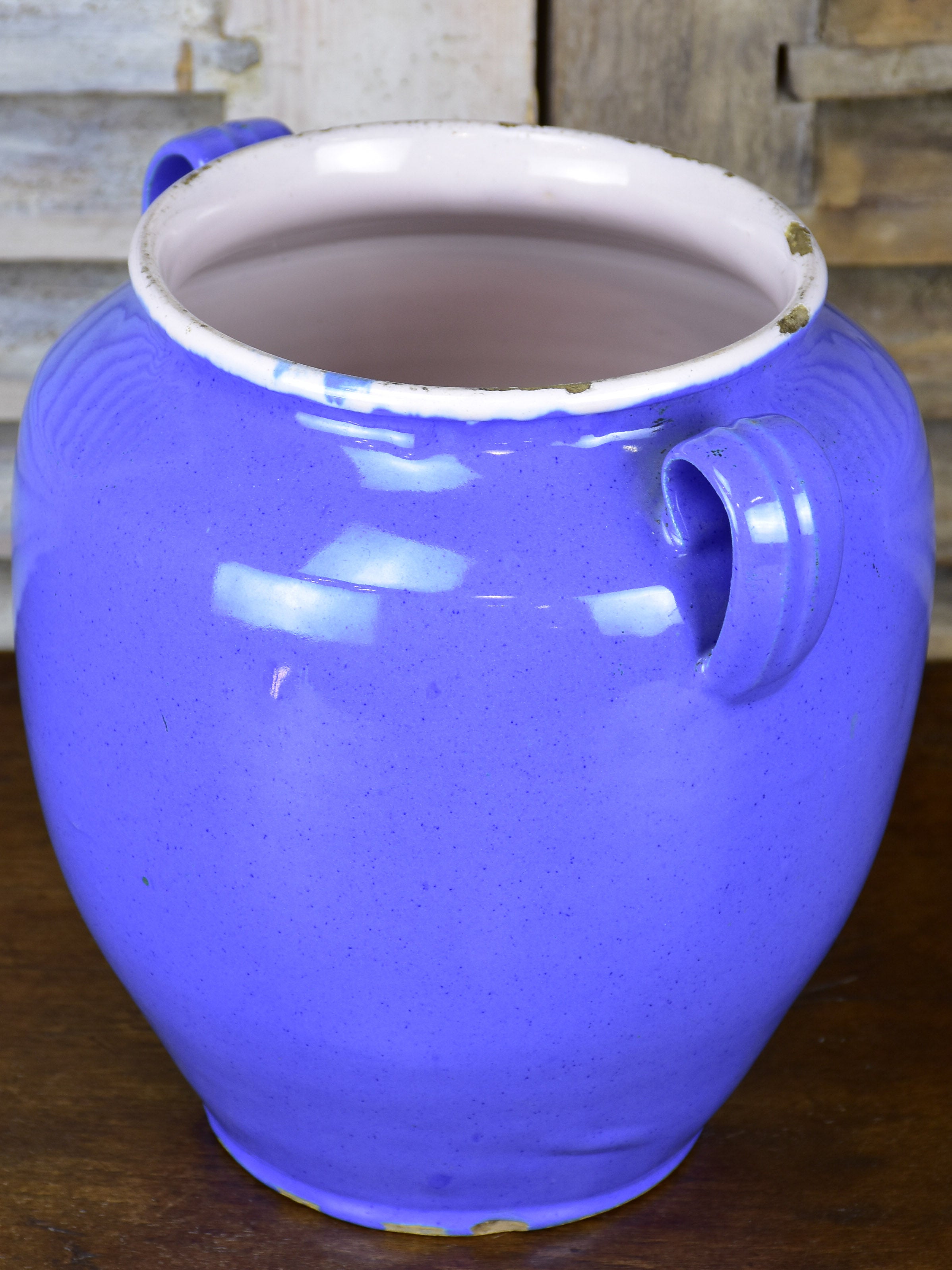 Antique French confit pot with blue glaze