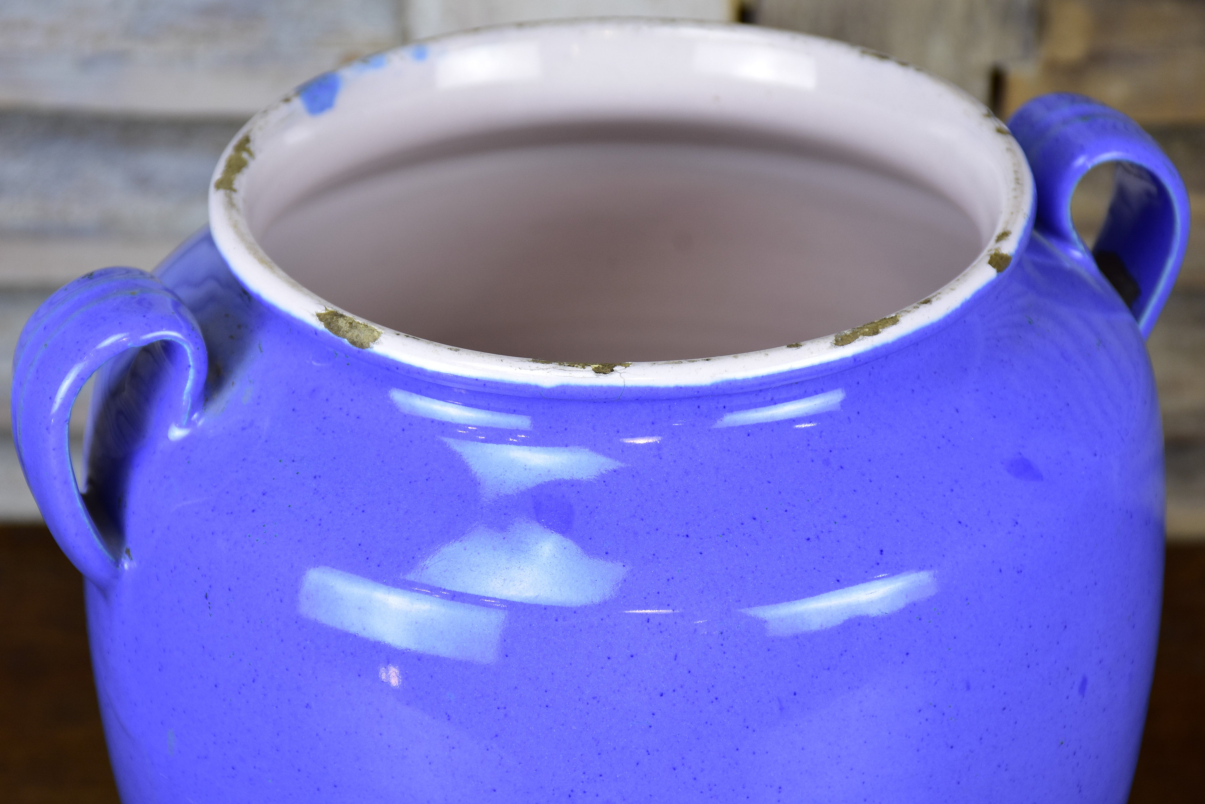 Antique French confit pot with blue glaze