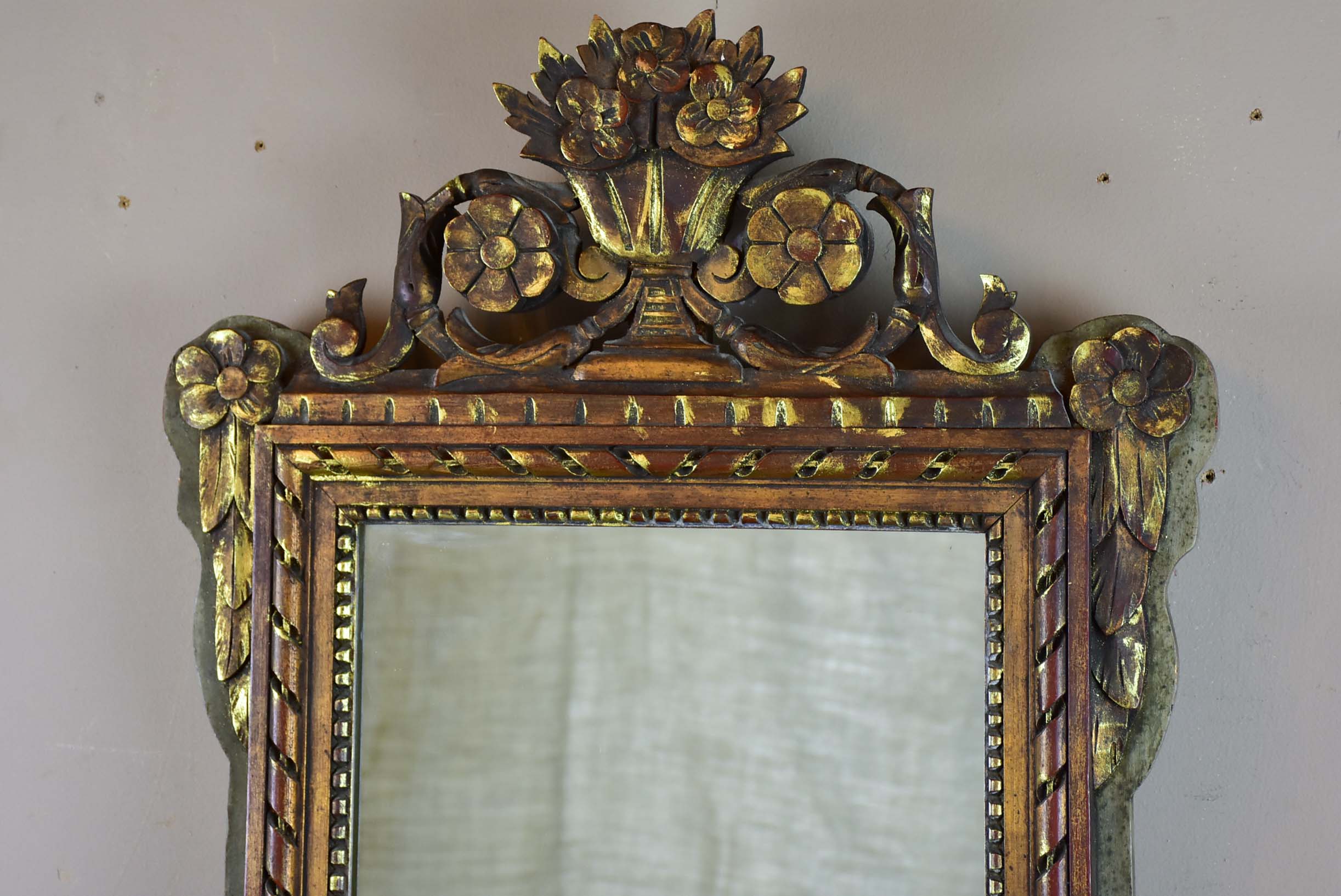 19th century Louis XVI style mirror with crest 19 ¼'' x 34 ¾''