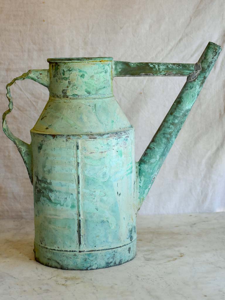 Antique French copper watering can with aqua blue patina