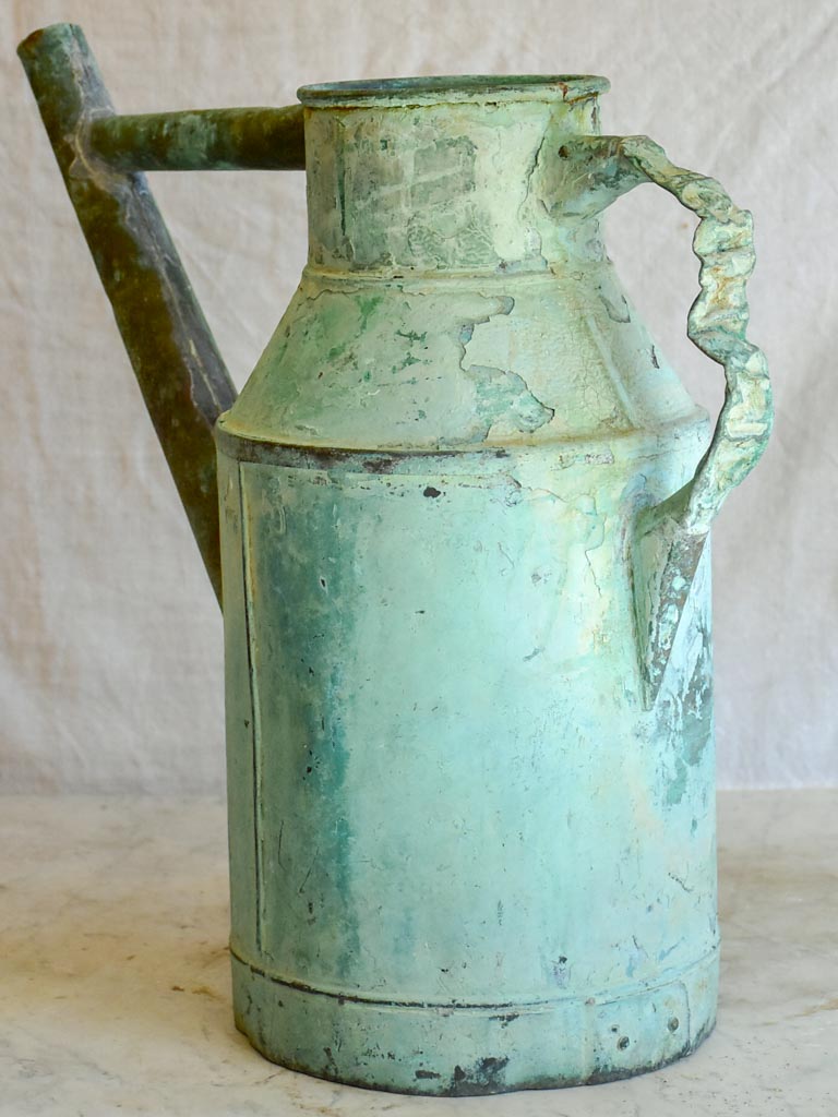 Antique French copper watering can with aqua blue patina