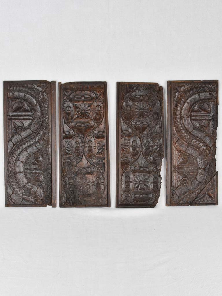 4 salvaged carved panels, early-17th-century 21¼"