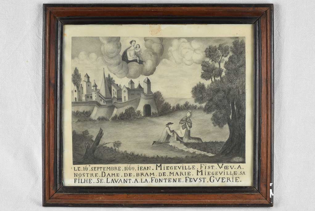 19th-century Ex-Voto votive drawing 21¾" x 24¾"