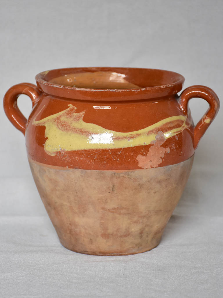 Antique French confit pot with brown and beige marbleized glaze 8¾"