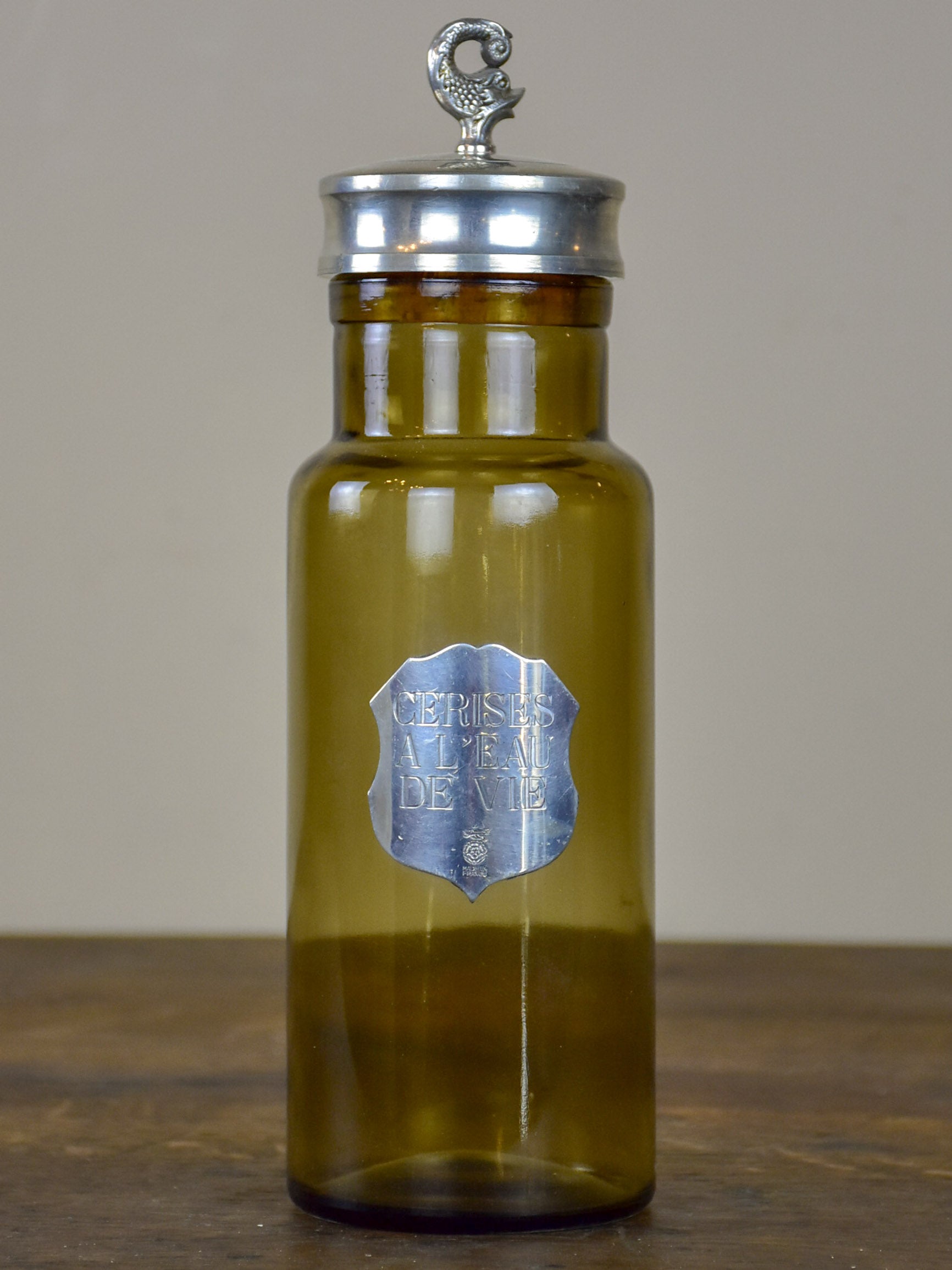 Vintage French glass bottle with badge - Cerises à l'eau de vie