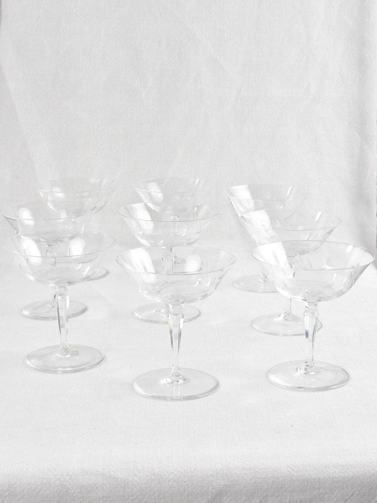 Set of 9 engraved crystal champagne coupes - 1900s