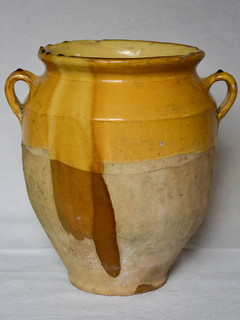 Very large antique French confit pot with yellow glaze 12½"