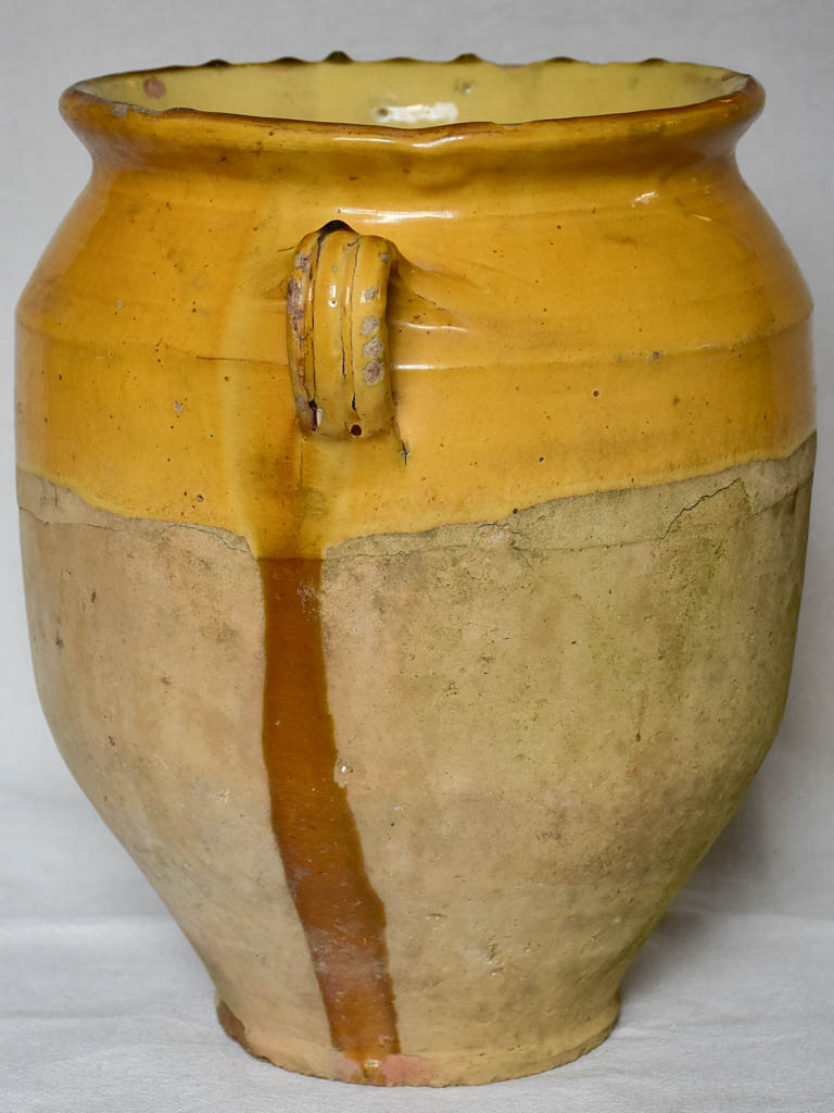 Very large antique French confit pot with yellow glaze 12½"