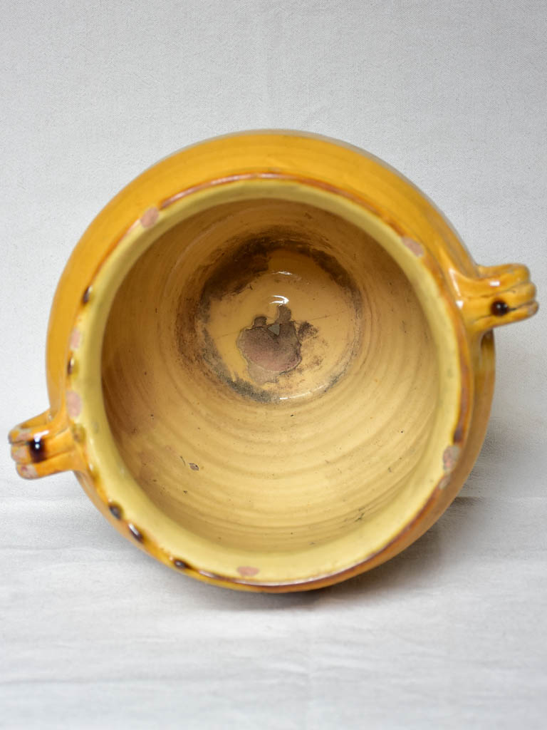 Very large antique French confit pot with yellow glaze 12½"