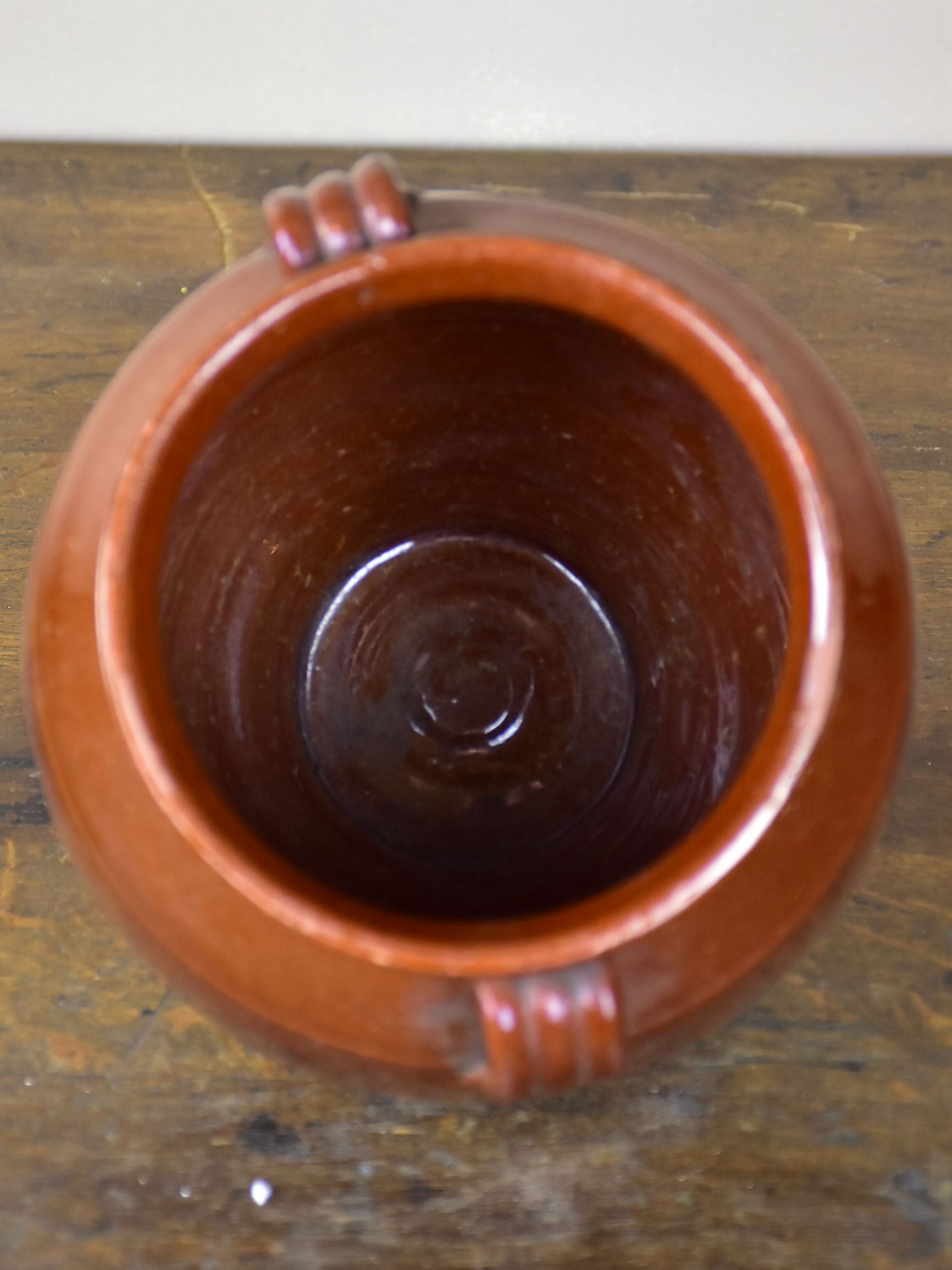 Vintage French confit pot with unusual brown glaze 8”