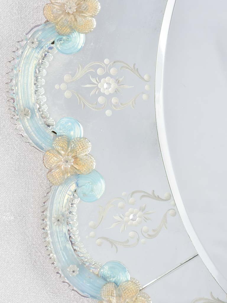 Vintage oval Venetian mirror with beige & blue flowers 27½"