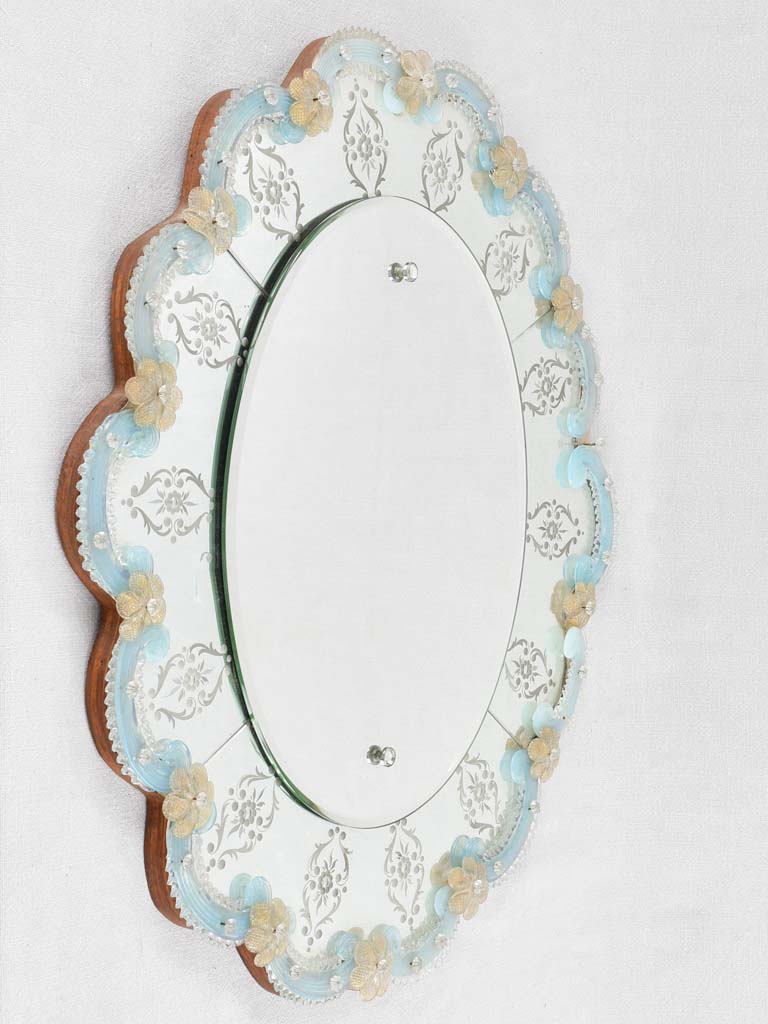 Vintage oval Venetian mirror with beige & blue flowers 27½"