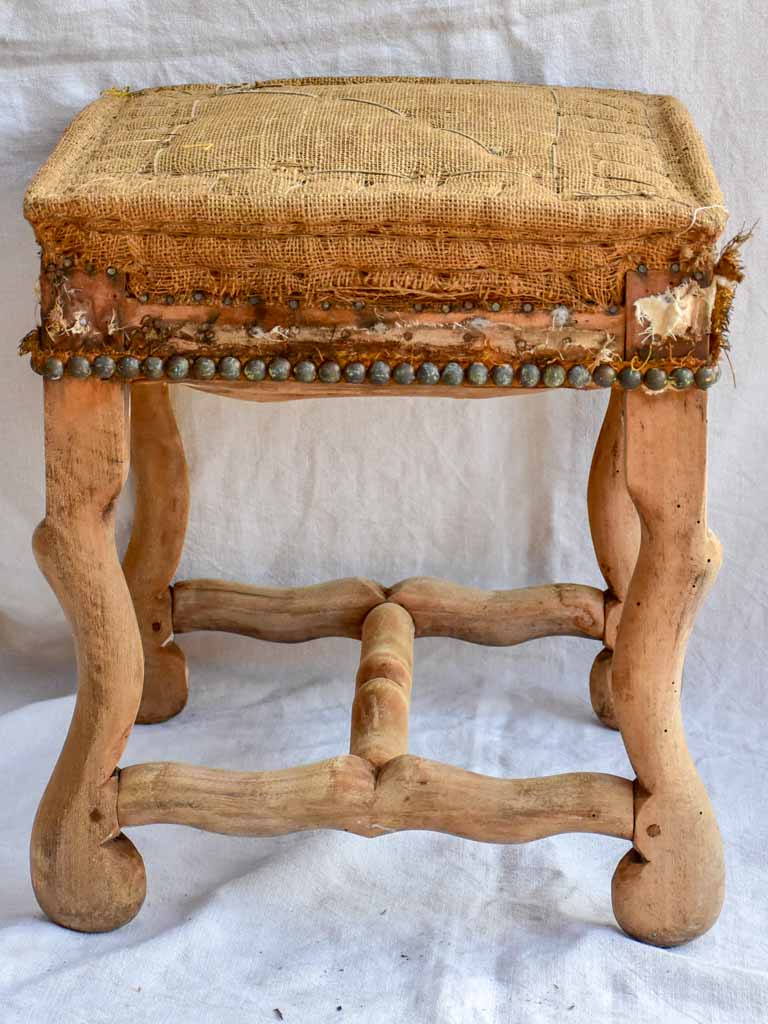 Rustic antique French stool with jute upholstery