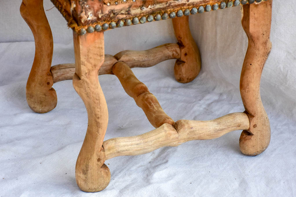 Rustic antique French stool with jute upholstery