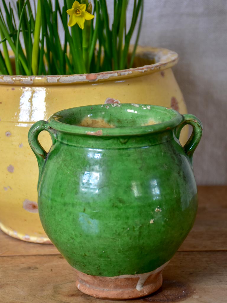 Very small antique French confit pot with green glaze 5½"