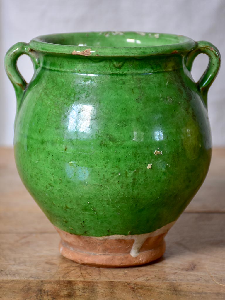 Very small antique French confit pot with green glaze 5½"